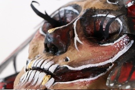 Close-up of animal skull with dark eye socket, teeth, and some decorations or paint.