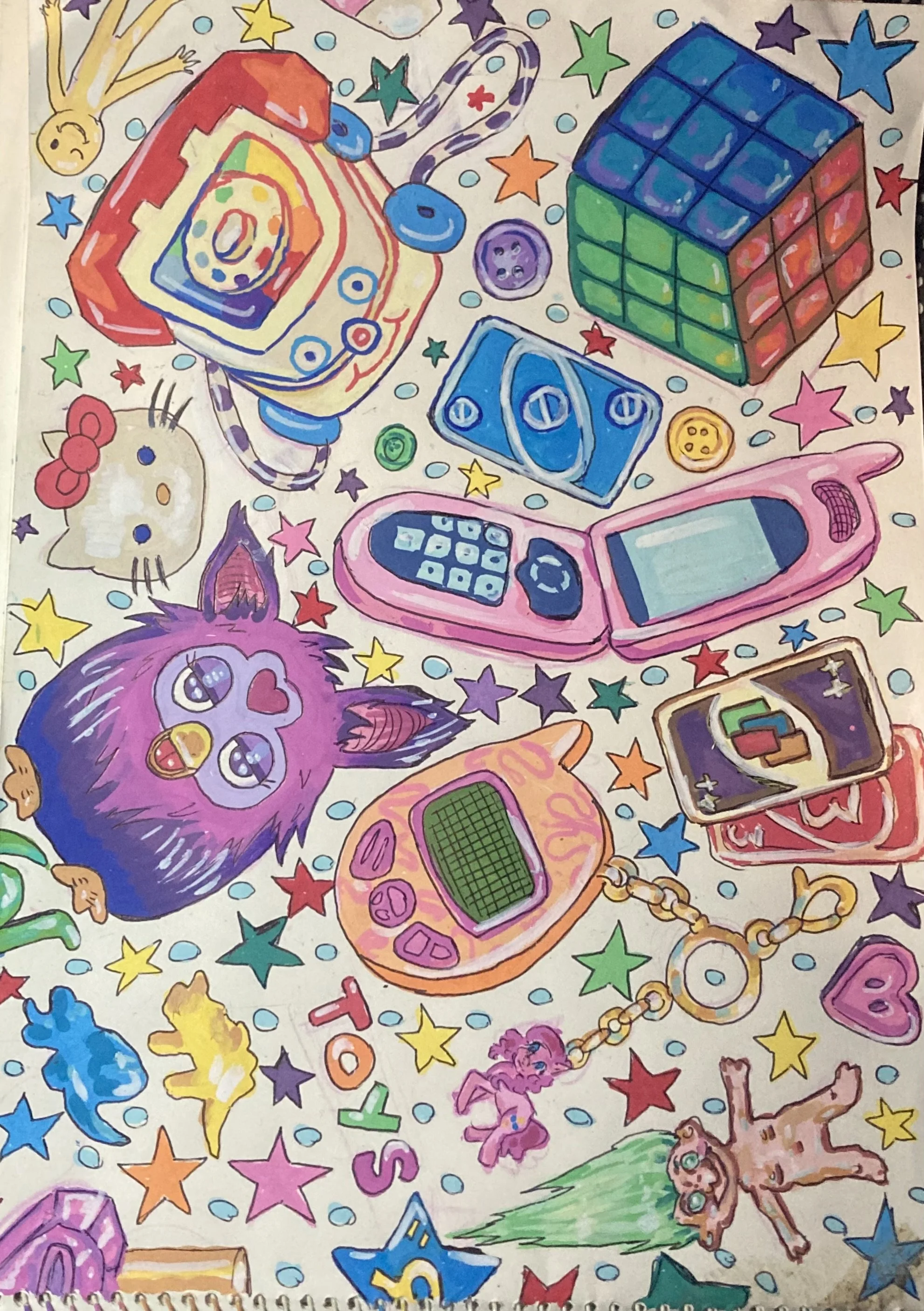 Colorful illustration of various toys, including a Rubik's cube, flip phone, teddy bear, Hello Kitty figure, toy car, and assorted stars and polka dots.