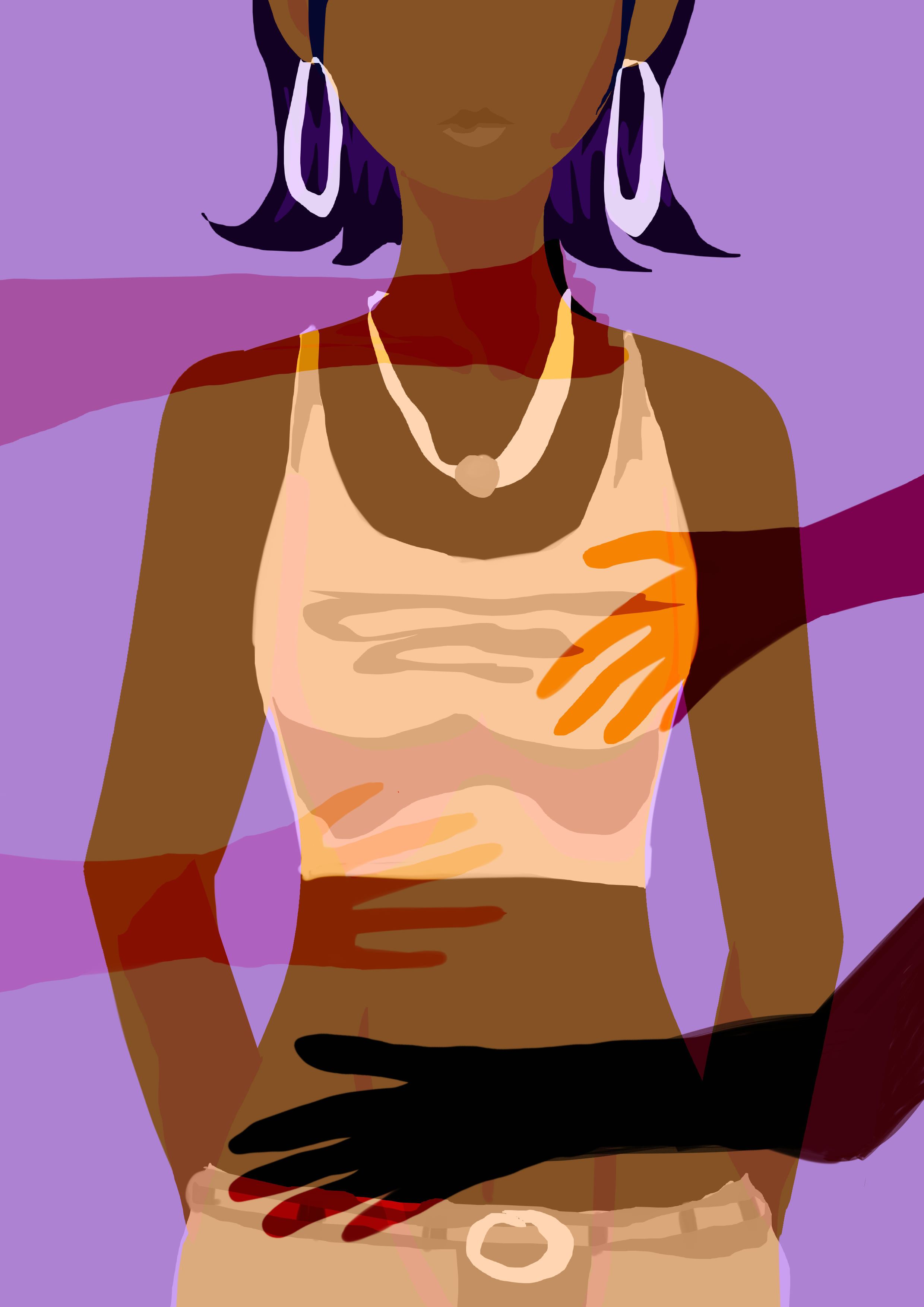An abstract digital illustration of a woman with dark skin, purple hair, wearing large earrings, a necklace, and a beige top. Multiple shadowy hands in various colors are overlayed on her body. The background is purple with abstract shapes.