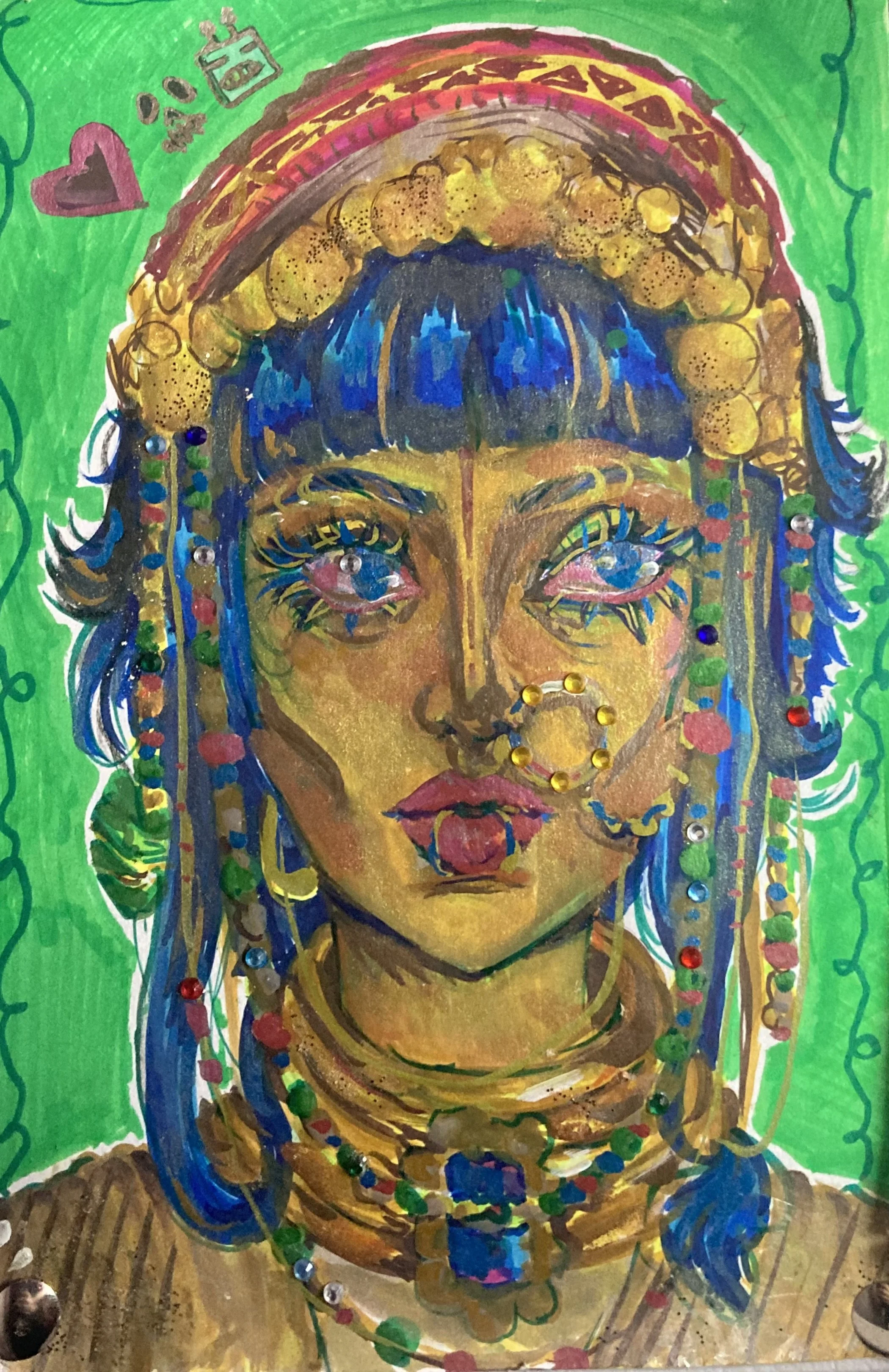 Colorful artwork of a woman with long blue hair, adorned with jewelry, beads, and a gold nose ring, against a bright green background.