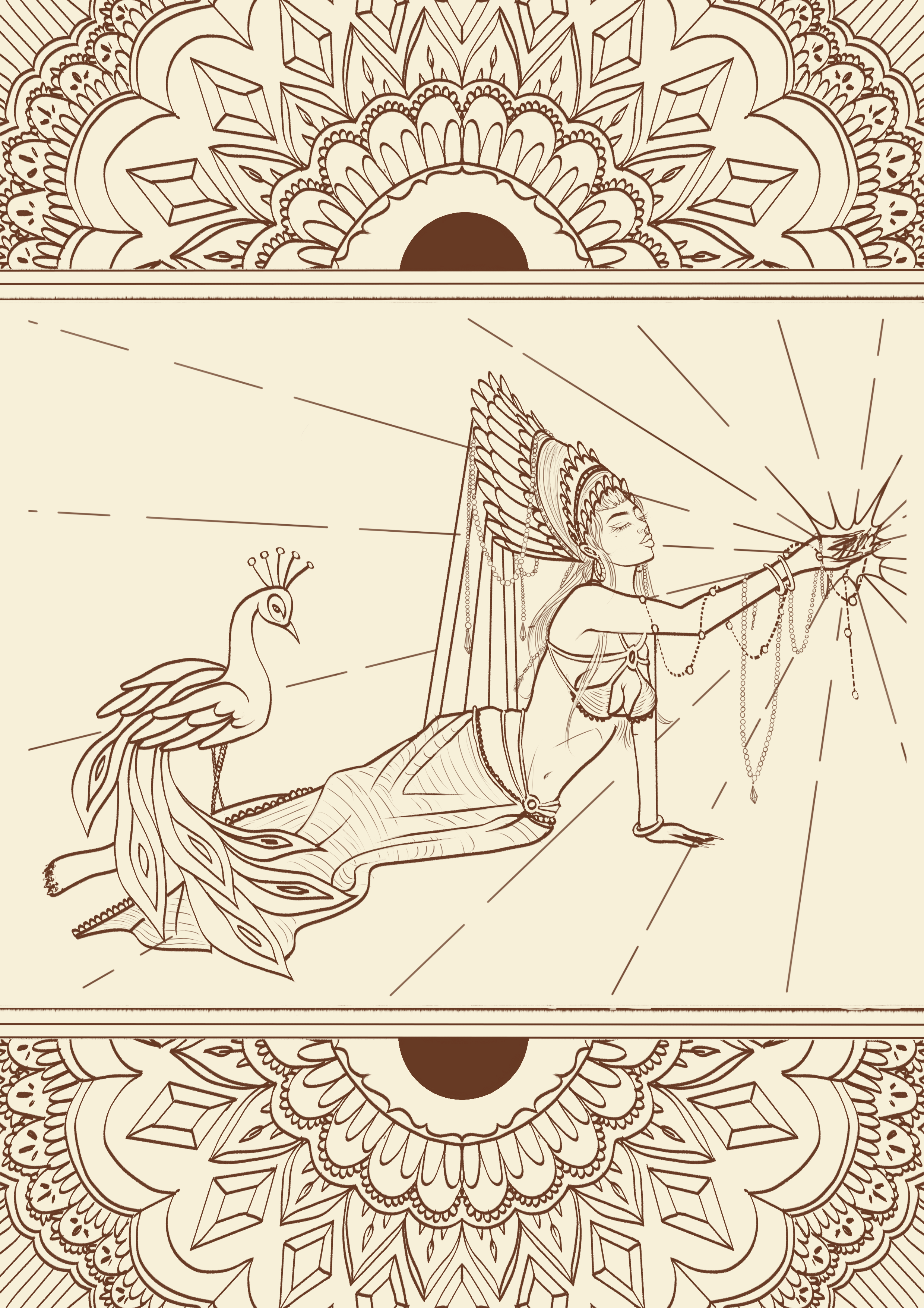 An illustration of a mythological scene featuring a woman with an elaborate headdress holding a radiant object, kneeling with one arm extended, accompanied by a peacock with detailed feathers, set against intricate mandala patterns.