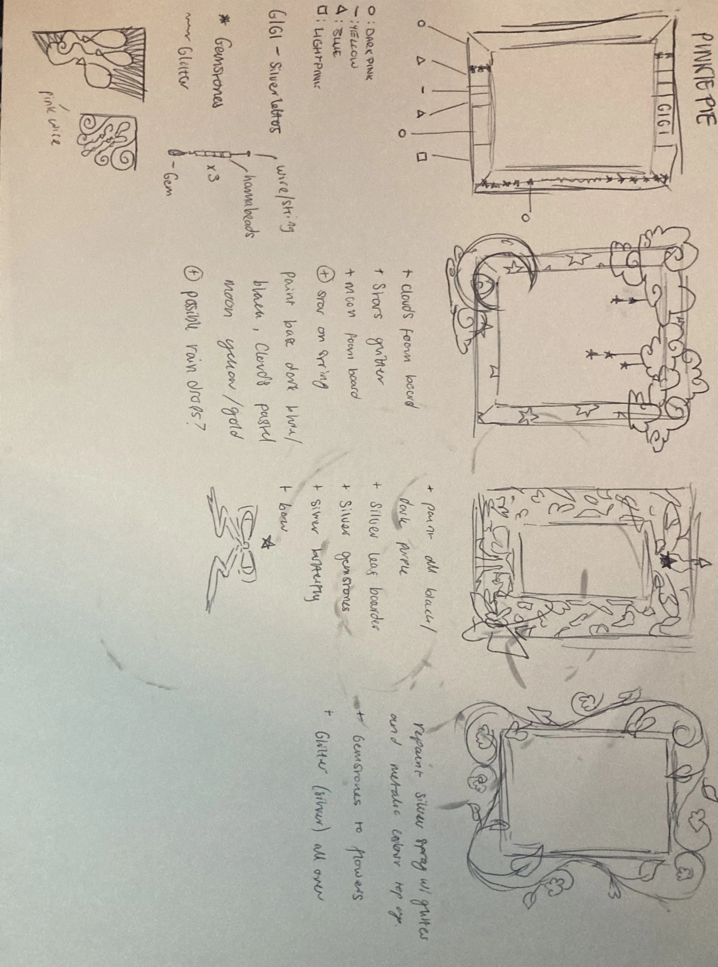 Handwritten instructions and sketches for creating decorative holiday picture frames. The notes include materials such as glitter, silver leaves, fairy lights, and paint, with drawings of four different ornate frame designs, each decorated with flora