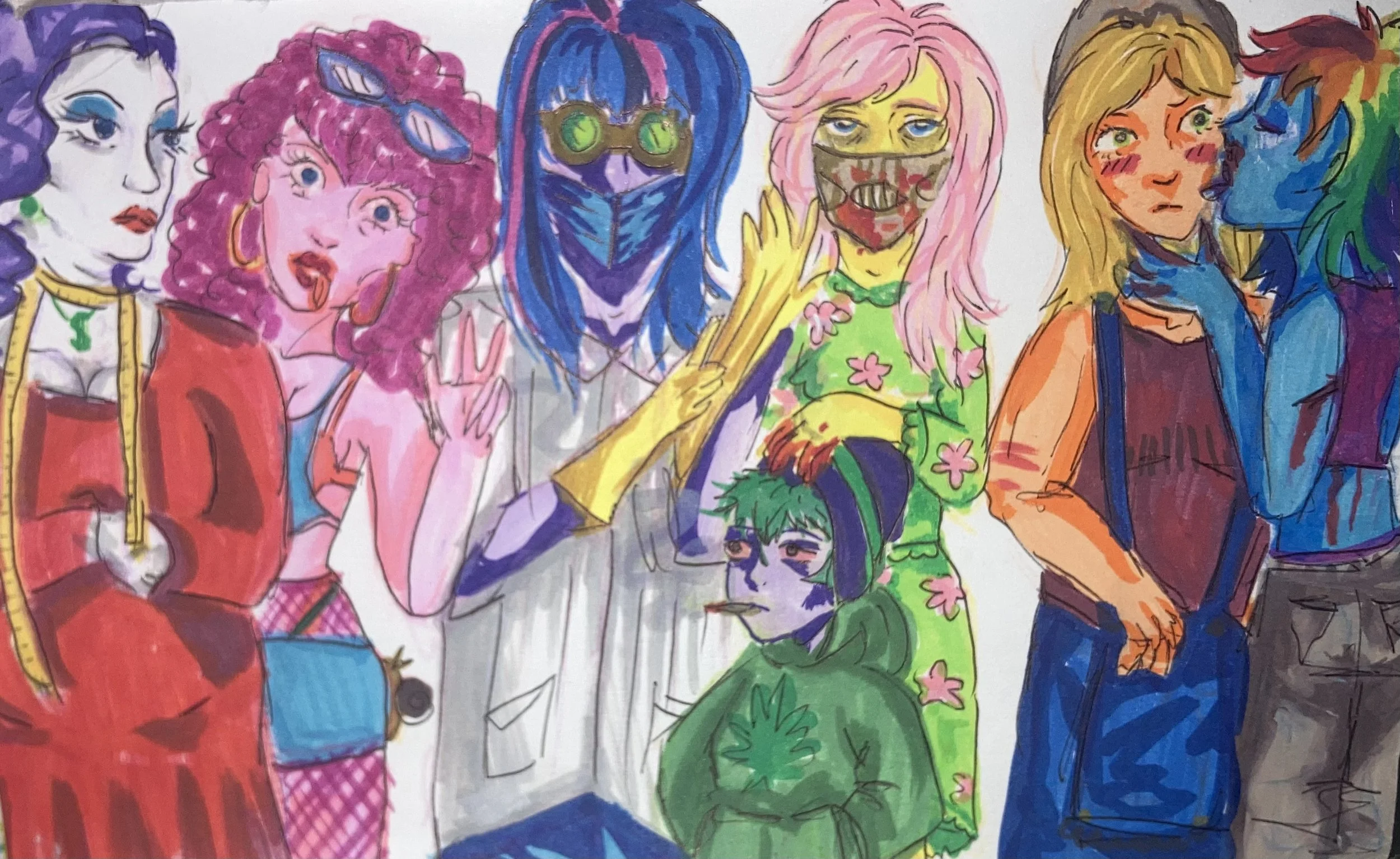 Colorful illustration of seven diverse cartoon characters standing close together, each with unique fashion and expressions, in a vibrant, expressive art style.