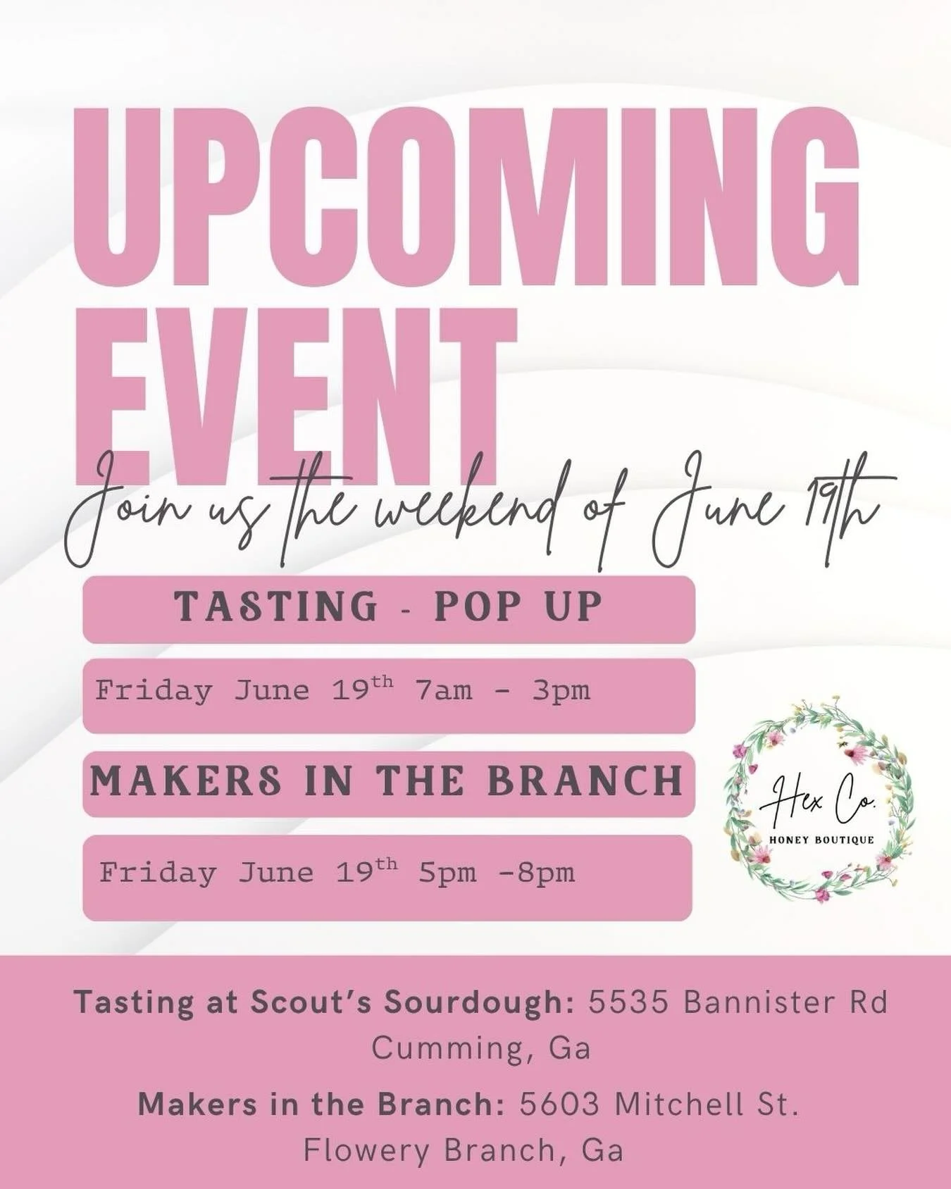 Two chances to shop with us tomorrow! 

✨ Scout&rsquo;s Sourdough Grand Opening
✨ Flowery Branch Artisan Market

We&rsquo;ll have all your Hex Co. favorites. Come say hello and stock up on honey!