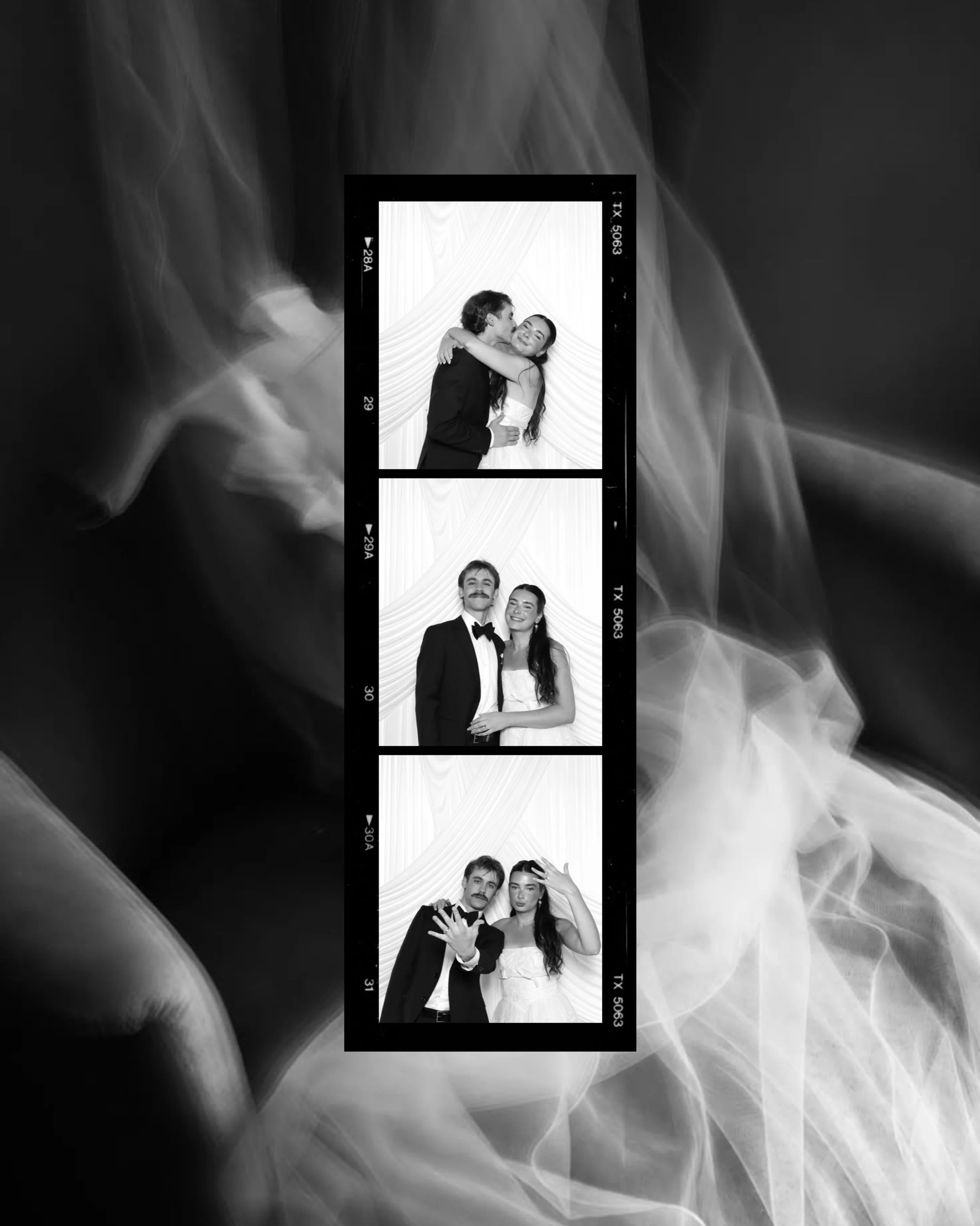 The inspiration: vintage film.

Piper and Blake wanted a vintage-inspired photo strip for their wedding. We paired black and white photos, a custom film strip design, and our ivory draped backdrop.

[MN Photo Booth, Minnesota Photo Booth, Twin Cities