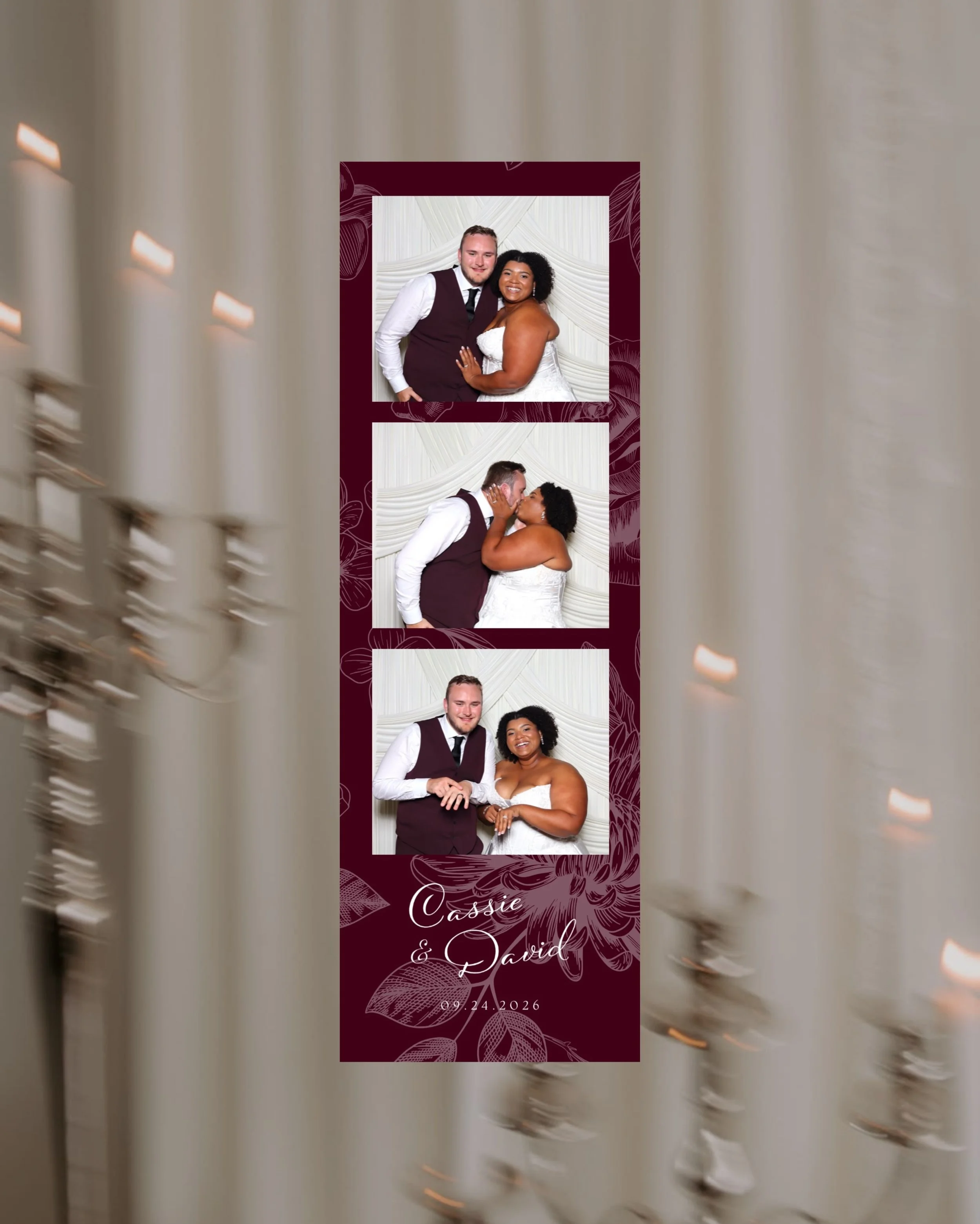 Your photo strips should feel like an extension of your wedding design.

For Cassie &amp; David, we carried their color palette, typography, and floral details into a custom photo strip design that felt cohesive with the rest of their celebration. 🤍