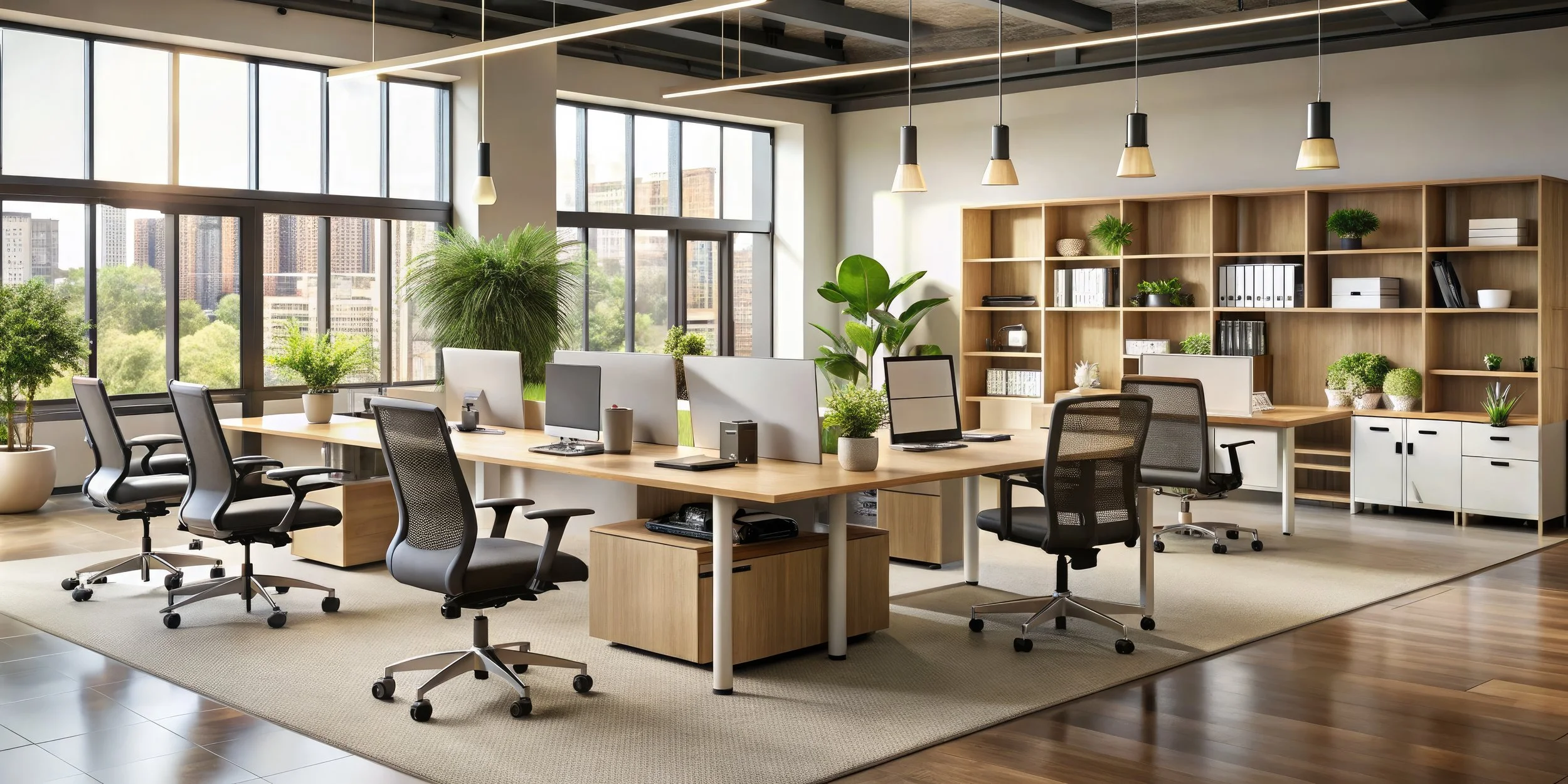 Modern office space with large windows, multiple desks with computers, ergonomic chairs, and potted plants, with wooden shelving and cityscape view.