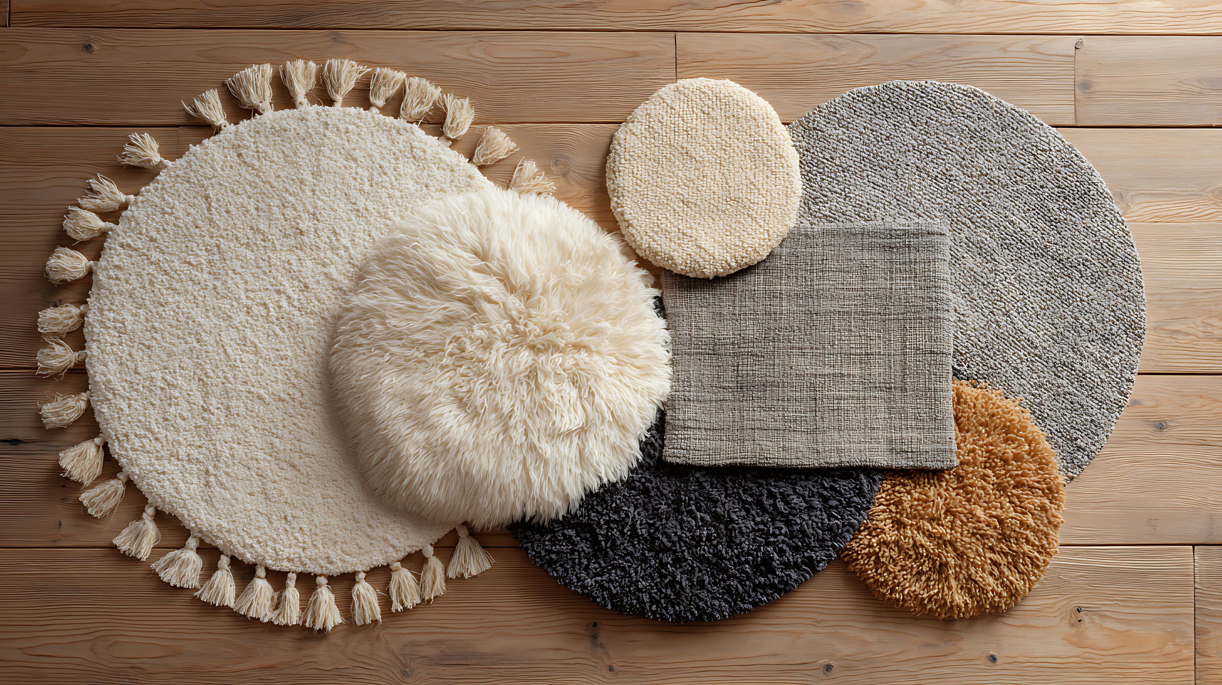 assortment of round and square textured rugs and cushions on wooden floor