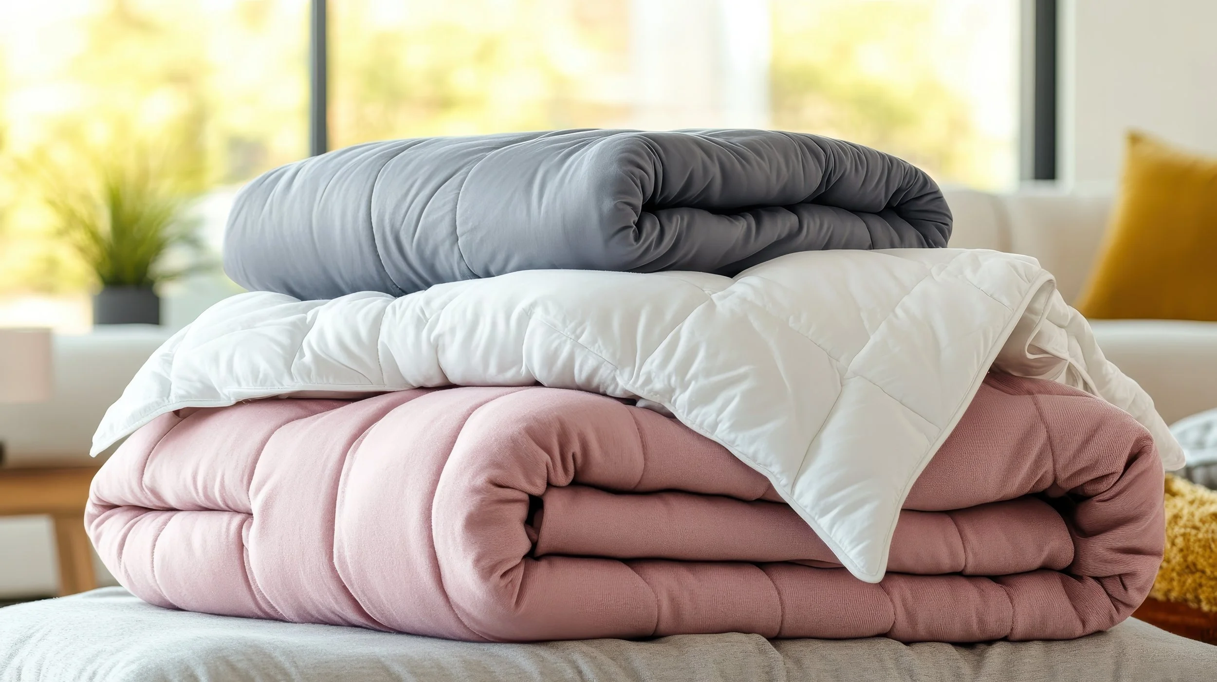 Stack of three folded comforters in different colors on a bed with a bright window and houseplants in the background.