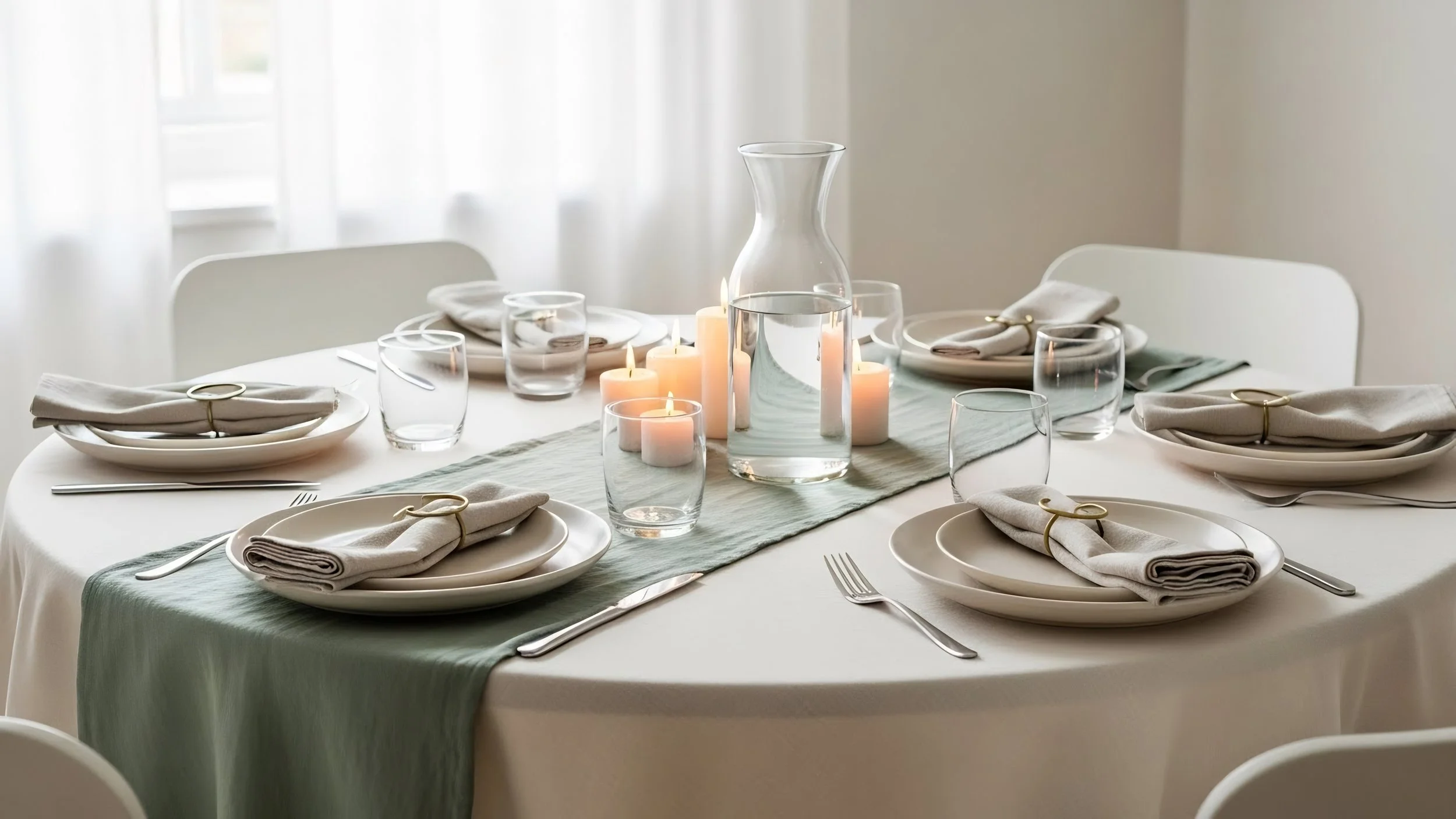A round dining table set with white plates, beige napkins wrapped with gold rings, clear glasses, and silverware, with candles in the center and a green table runner, in a well-lit room with white curtains.