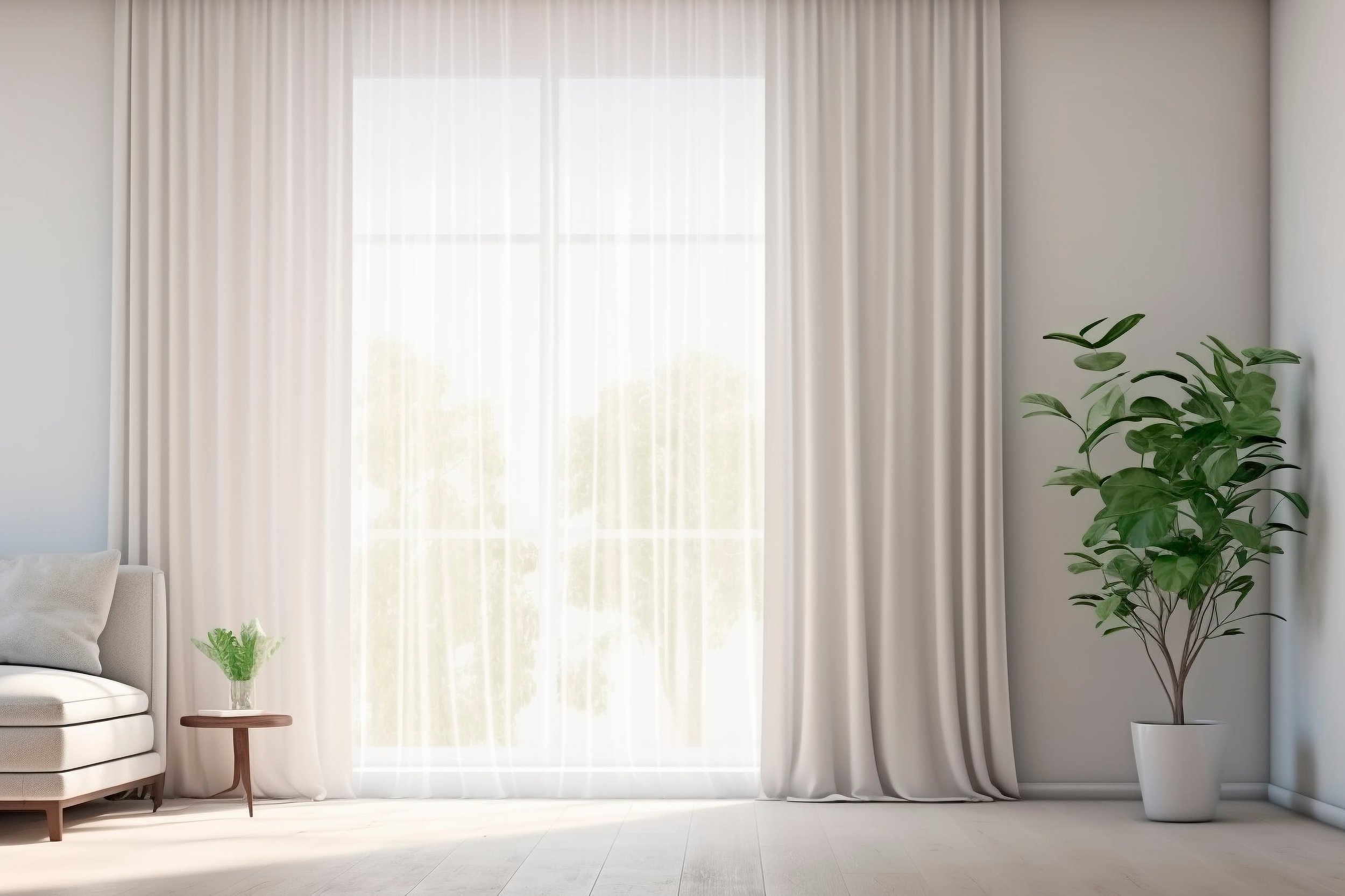 Bright room with large window, light-colored curtains, a potted plant on the right side, a small table with a glass vase, and a sofa with a pillow on the left side.