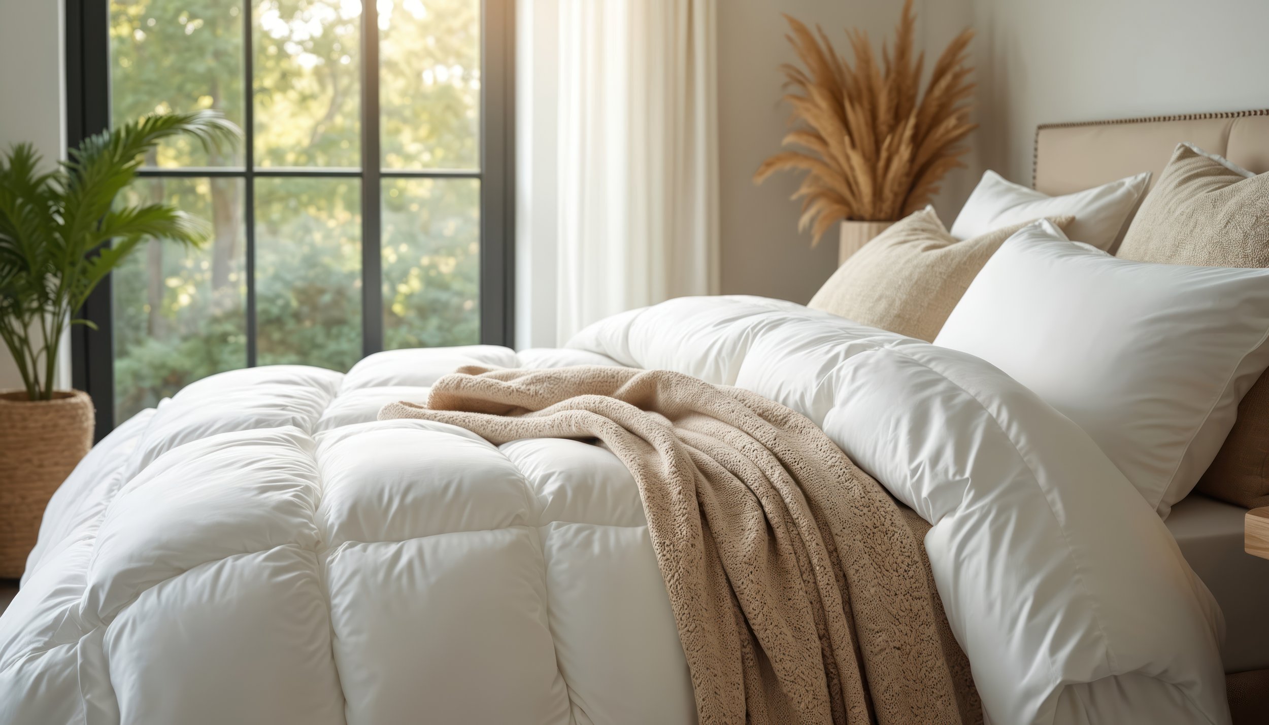 A neatly made bed with white bedding and beige pillows, situated in front of large glass windows with natural sunlight streaming in, decorated with plants and dried pampas grass in a modern bedroom.