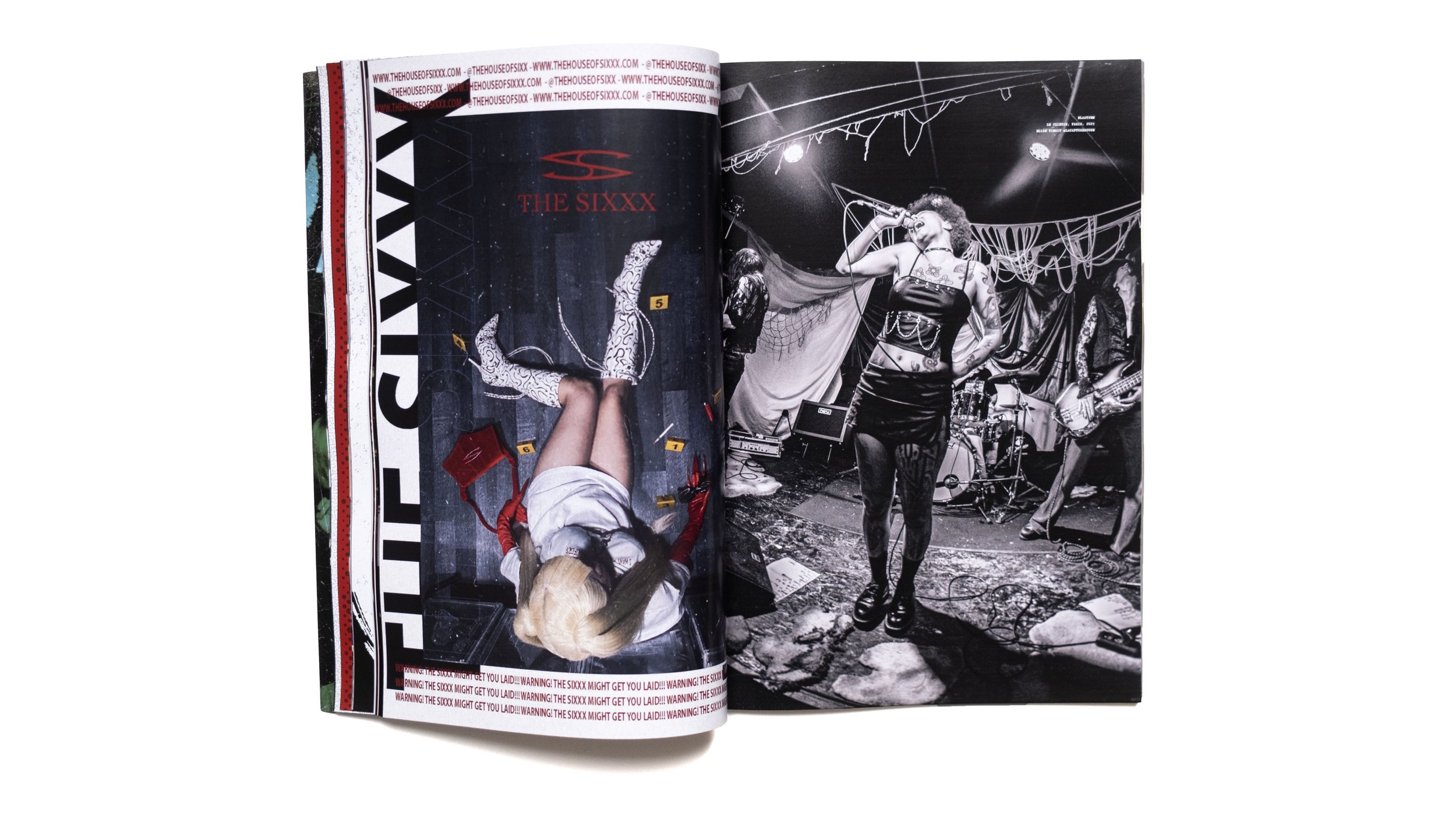 Noize magazine open spread featuring a live punk show on the right page and an upside‑down model in white boots on the left, combining gritty concert photography and bold editorial layout for NOIZE magazine.