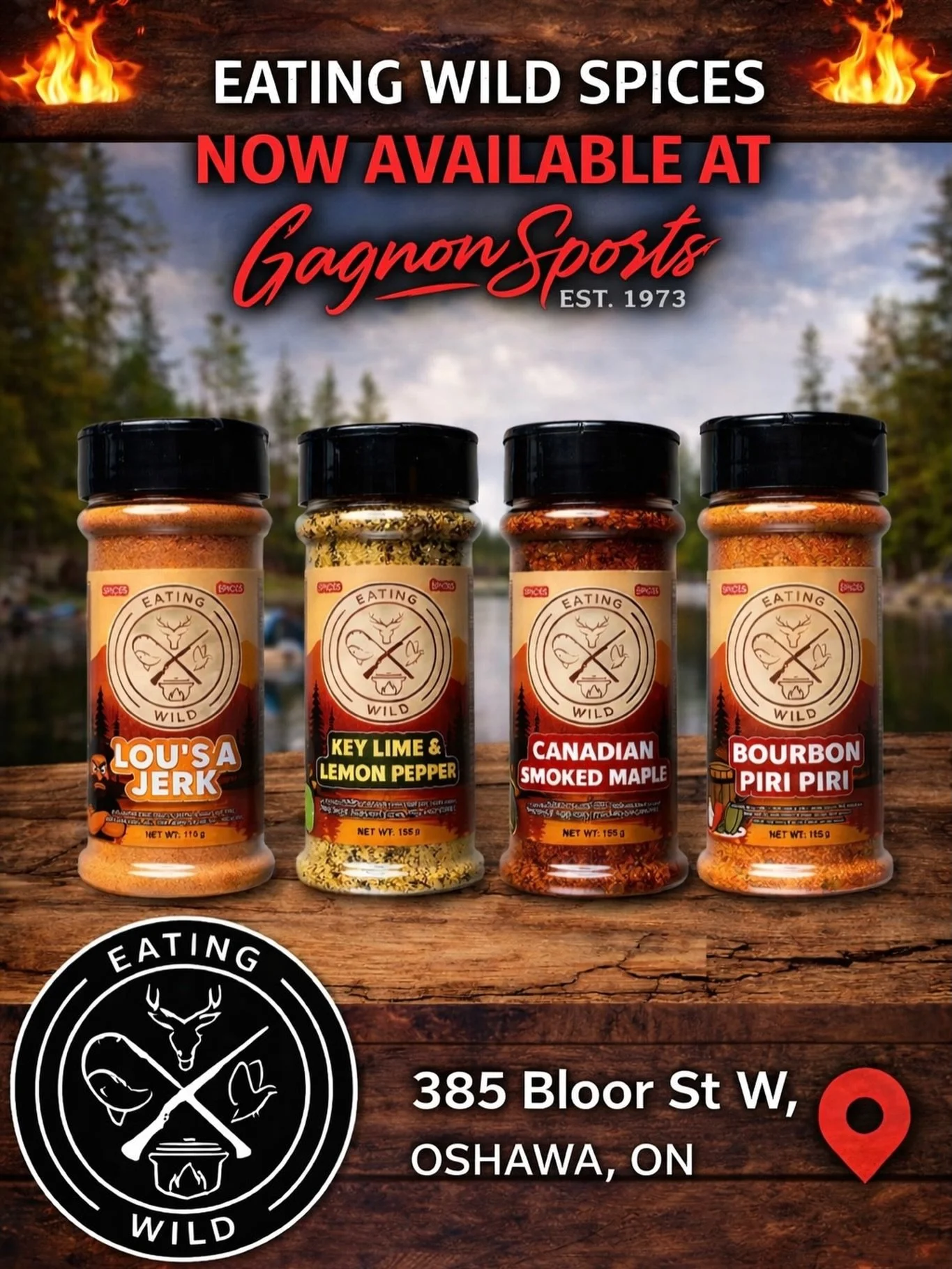 Big news! 🔥

Eating Wild Podcast spices are now available at Gagnon Sports!

All four incredible flavours are in stock:
&bull; Lou&rsquo;s a Jerk
&bull; Key Lime &amp; Lemon Pepper
&bull; Canadian Smoked Maple
&bull; Bourbon Piri Piri

Get ready to 