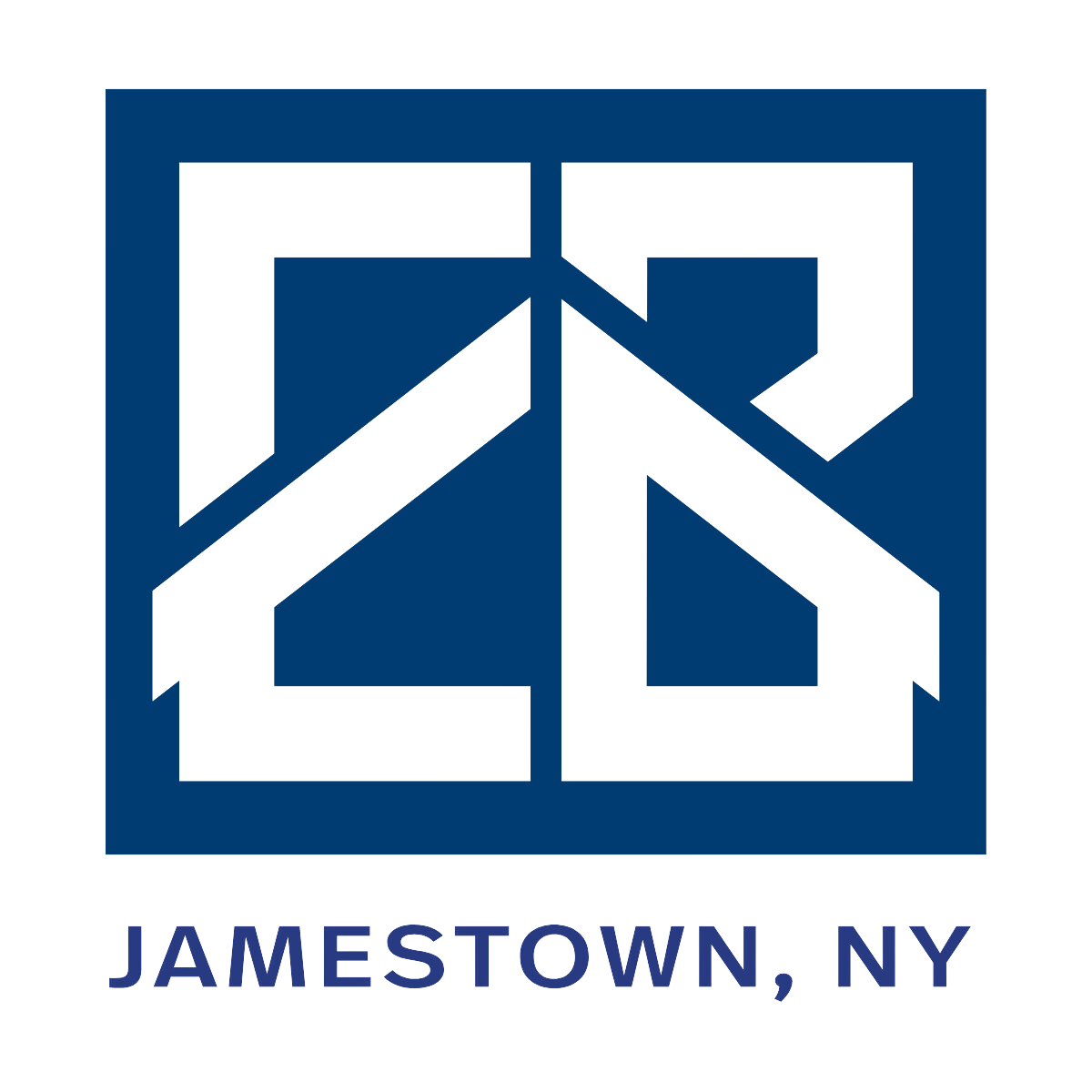 A stylized outline of a barn and silo with a tree inside, enclosed in a square, with the text 'JAMESTOWN, NY' below.