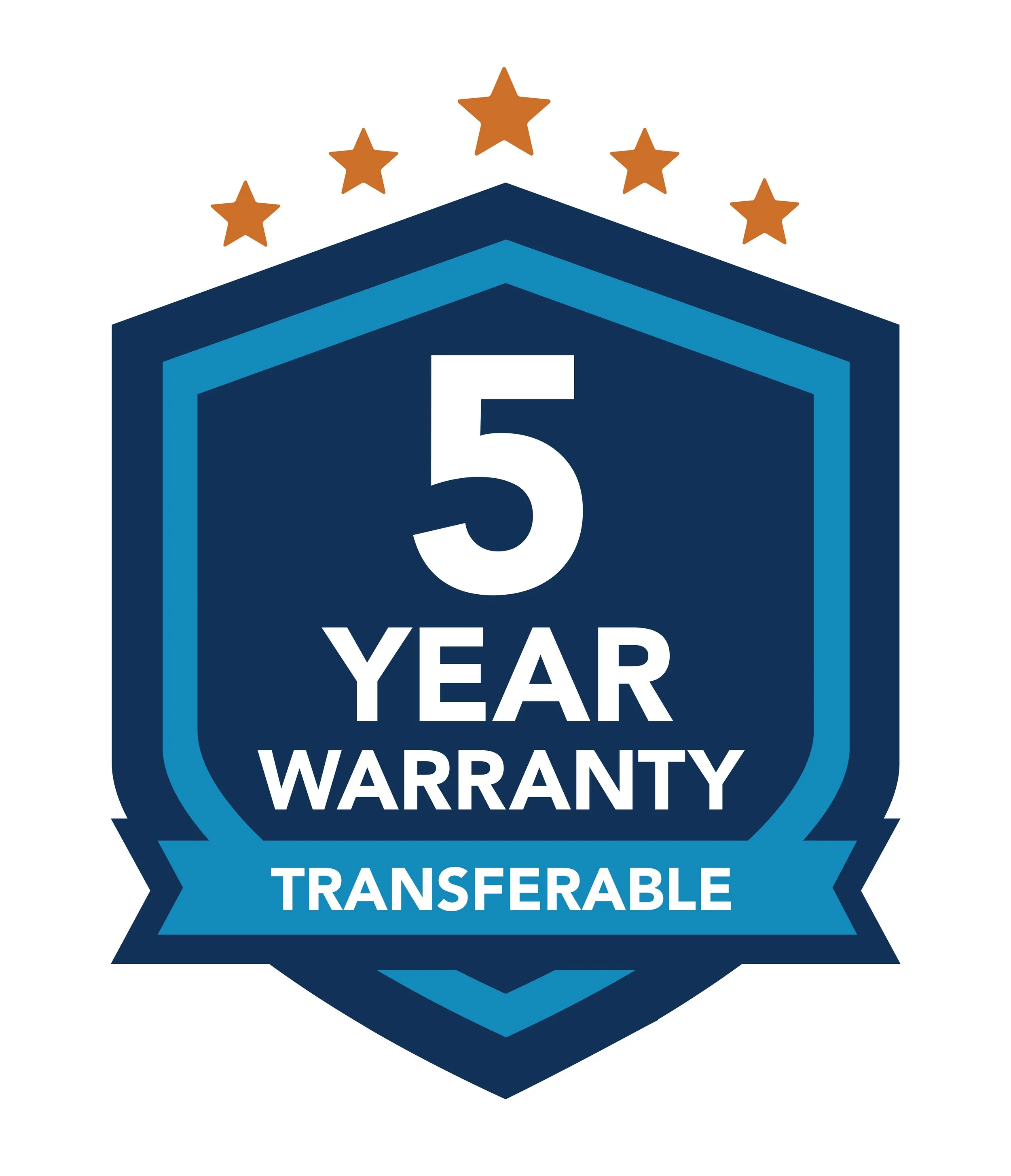 A badge or emblem celebrating a 5-year warranty with a transferability feature, featuring a shield shape, blue and dark blue colors, a large white number 5, and five brown stars at the top.