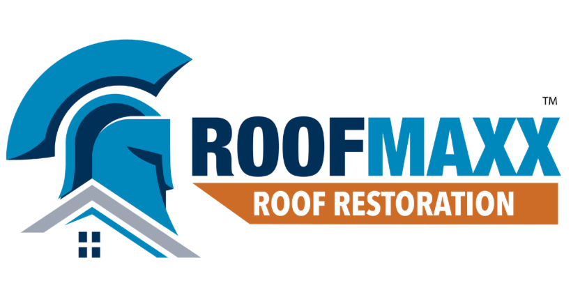 Logo for Roofmaxx roof restoration with a stylized blue Spartan helmet and roof graphic.