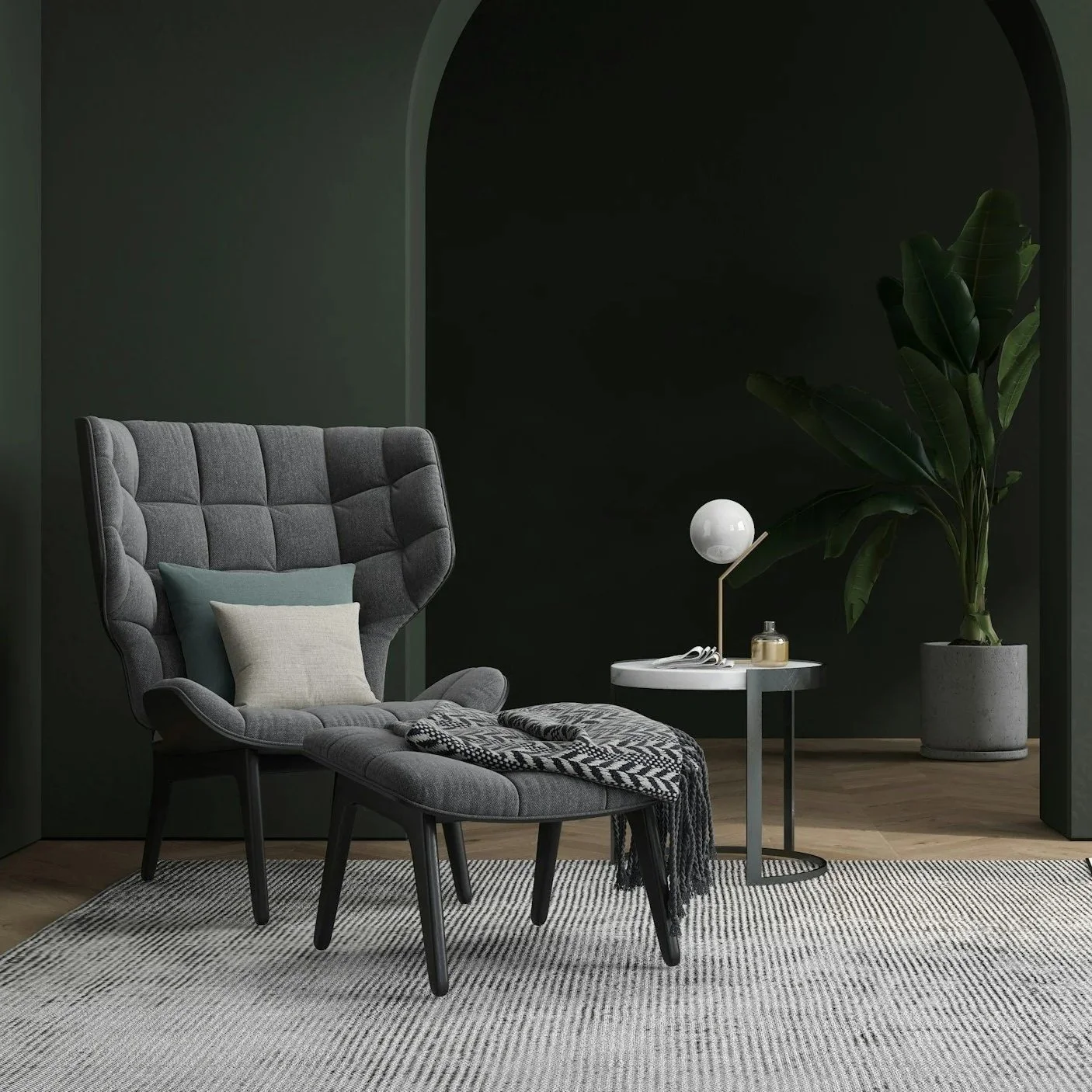 Calm, modern therapy chair in a softly lit living room setting, representing a safe and welcoming space for virtual psychotherapy.