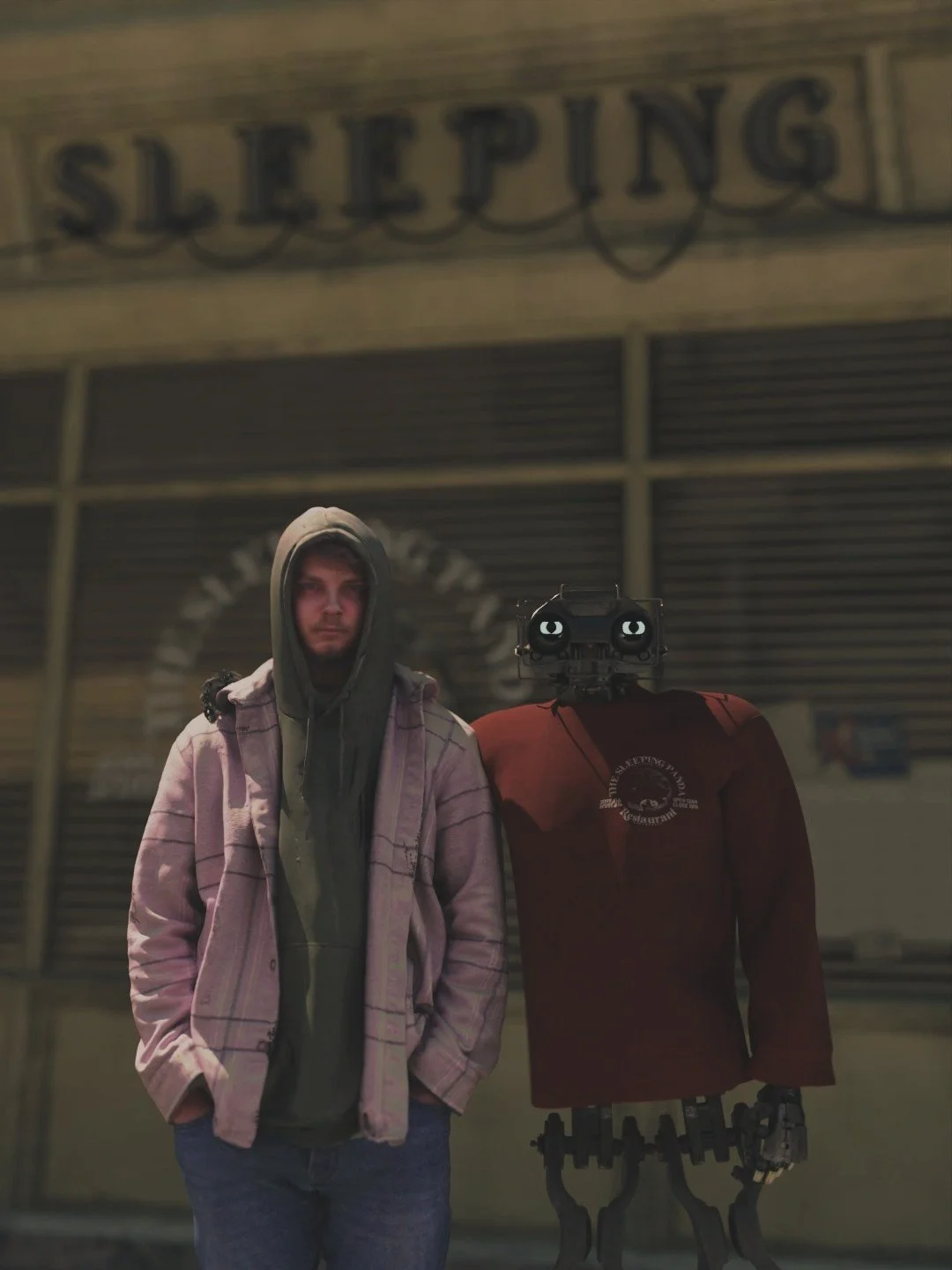 A cinematic 3D render of Toby standing beside a humanoid robot with expressive eyes, both posed in front of a vintage storefront labeled 'Sleeping Panda.' The scene combines realism with a touch of sci-fi charm.