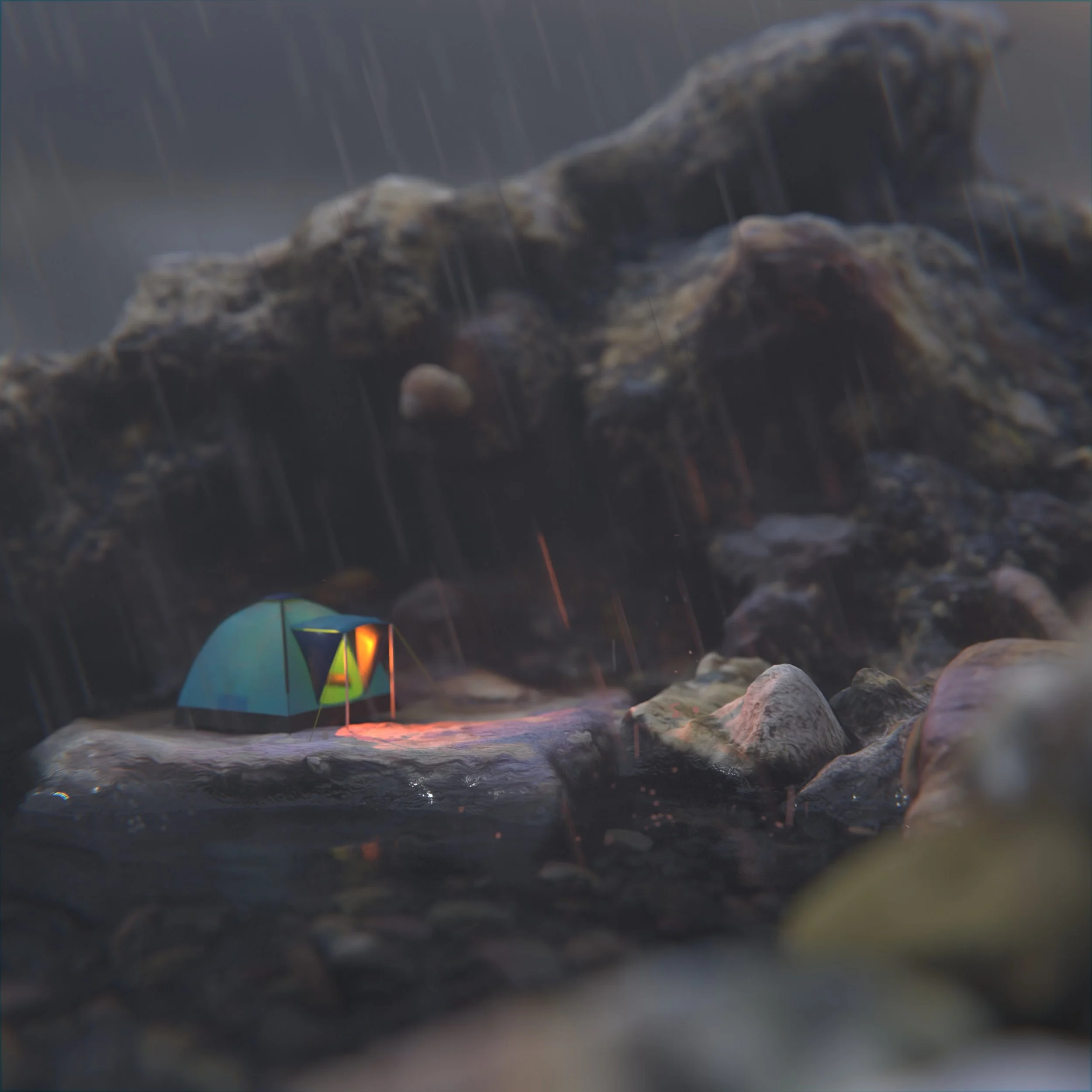 A cozy 3D render of a glowing tent in a rocky environment under pouring rain, with warm light spilling out to contrast the cold, wet surroundings