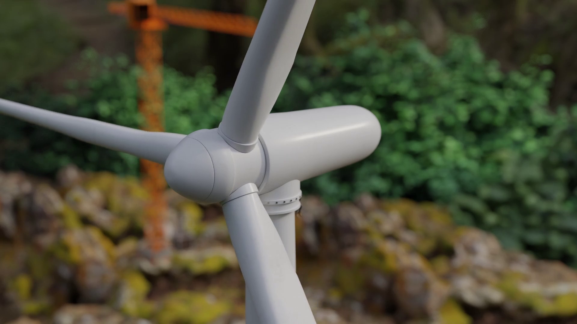 A close-up of a wind turbine, suggesting sustainable energy as a theme.
