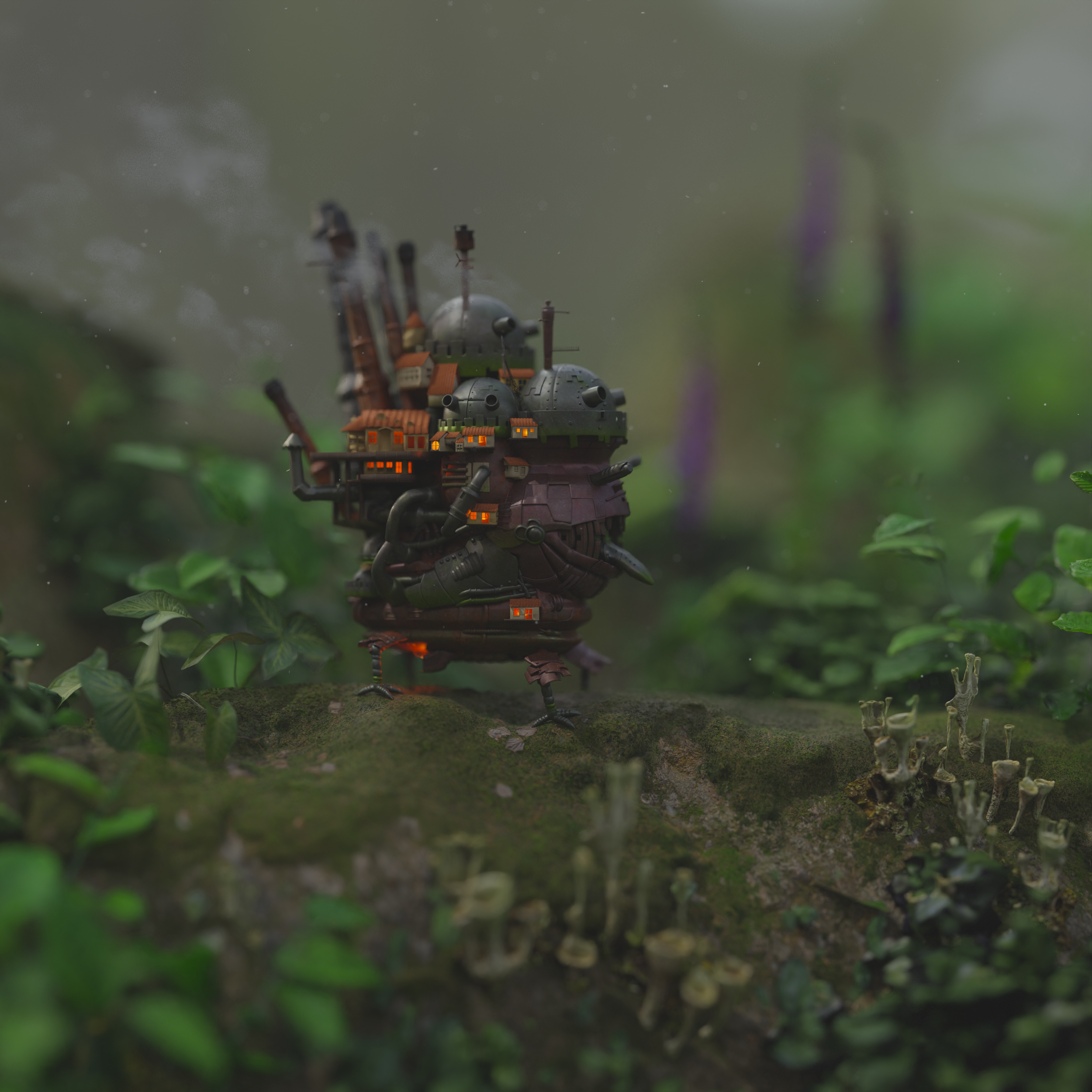 A whimsical 3D render of howls moving cast le set in a lush forest, featuring glowing windows and steampunk-inspired pipes, evoking a fairytale-like atmosphere