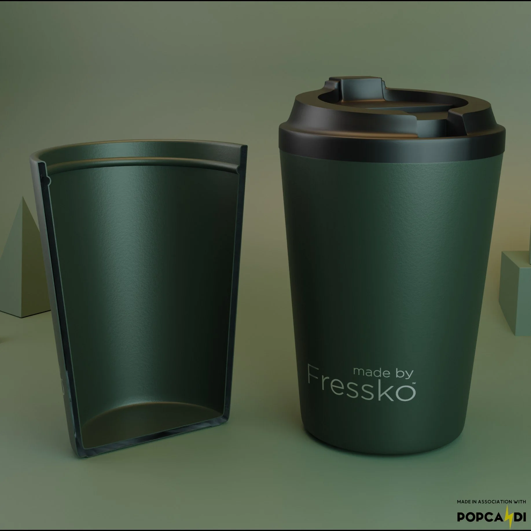 A detailed 3D render of a Fressko travel mug, showcasing its two-piece design with a smooth matte green finish and black accents. Perfect for product visualization
