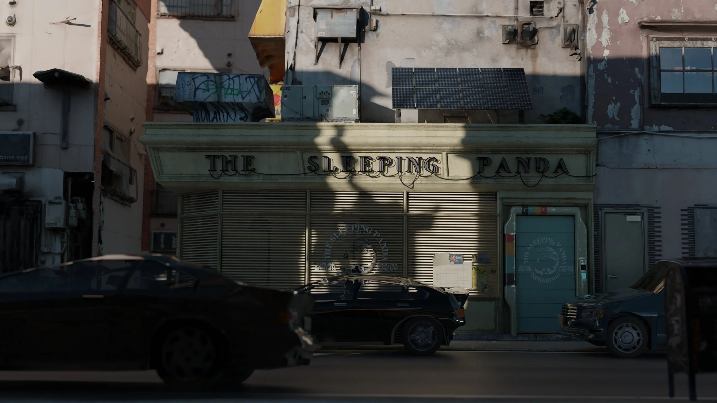 A photorealistic 3D render of a vintage storefront named 'The Sleeping Panda,' bathed in soft sunlight. The scene includes urban textures, solar panels, and passing cars, evoking a nostalgic yet modern vibe.
