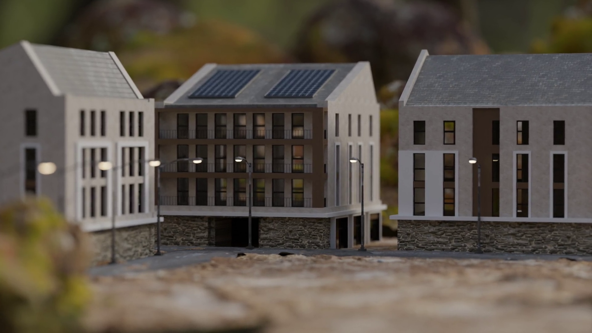 Buildings with solar panels, integrating modern and eco-friendly architecture.