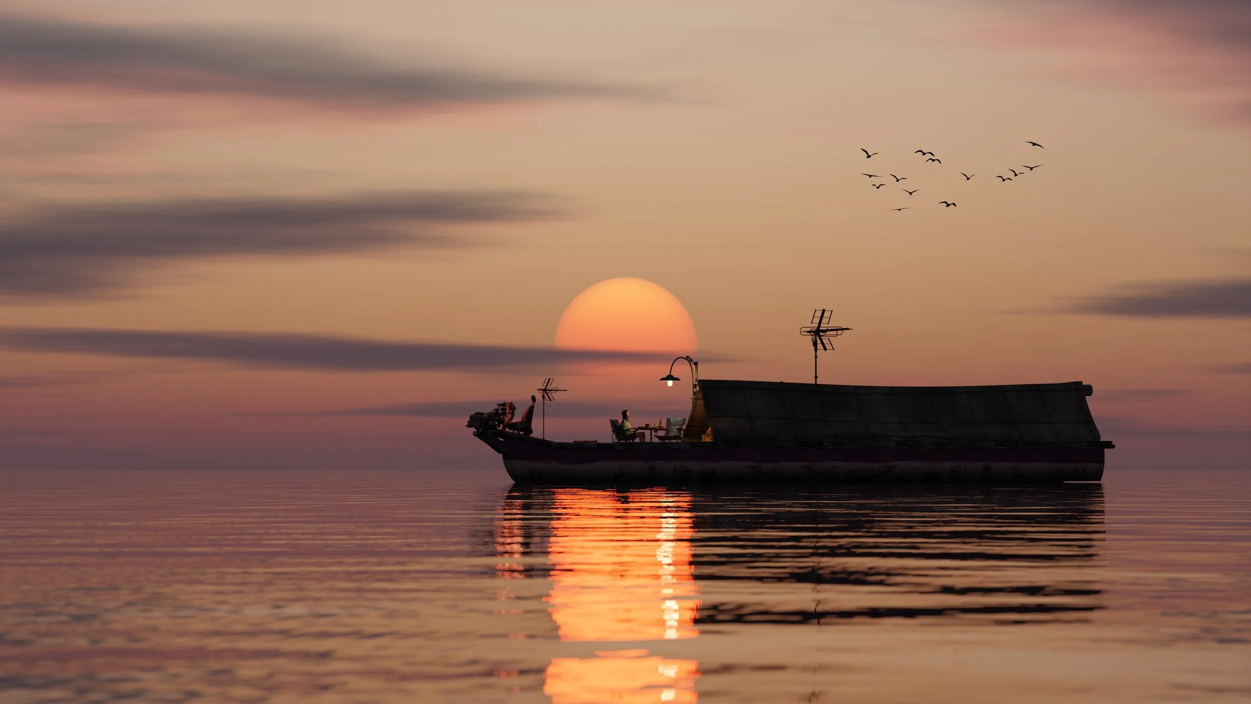 A serene 3D render of a boat on still water at sunset, with the sun’s reflection glowing on the surface and silhouettes of birds flying in the distance.