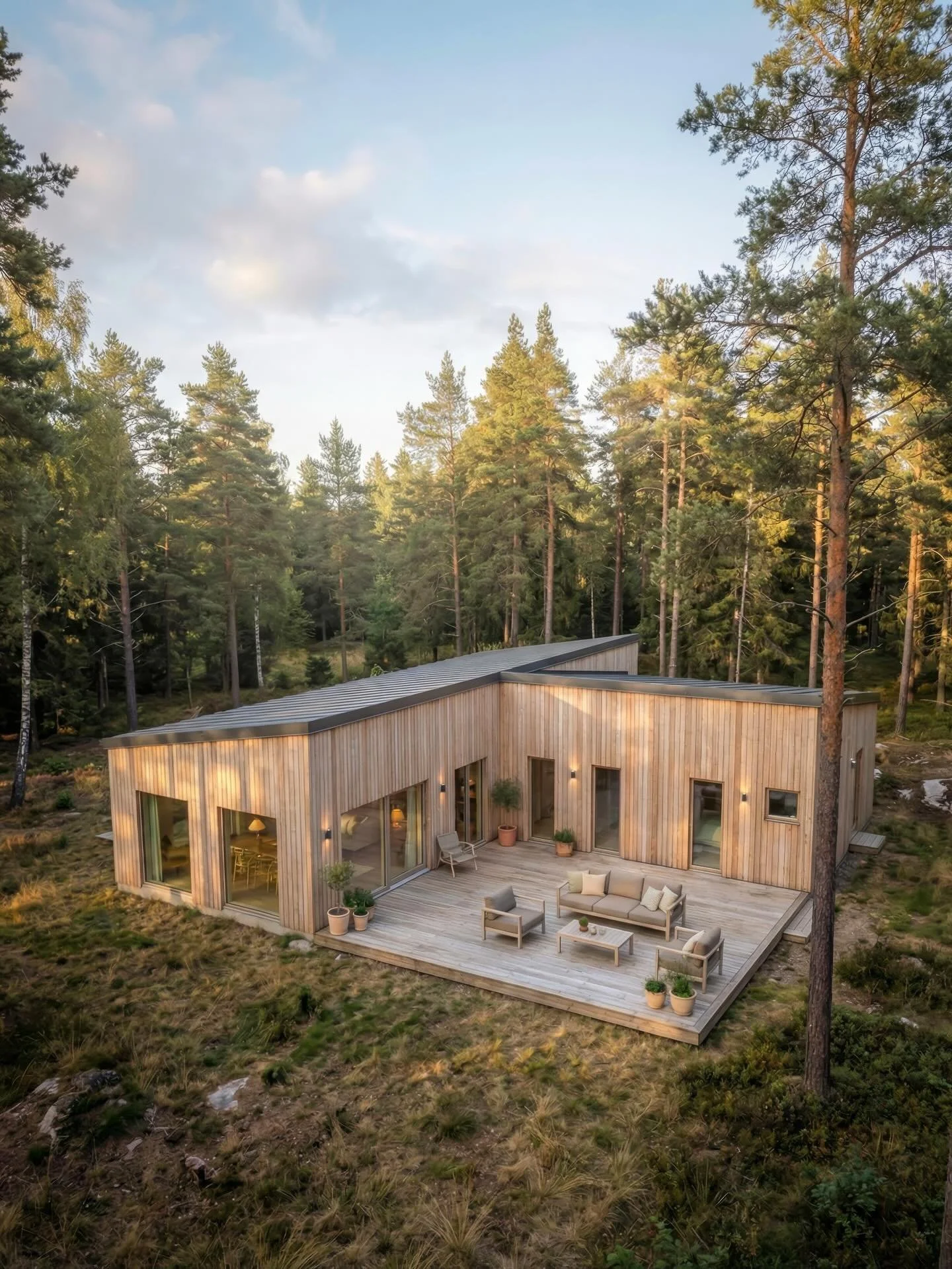 Villa Skogslunden 🌲

Visualiserad f&ouml;r att sm&auml;lta in i den omgivande skogsmilj&ouml;n.
Med tr&auml;fasader, l&aring;gm&auml;ld form och stora glaspartier skapas en naturlig koppling mellan huset och landskapet runt omkring.

En villa d&auml