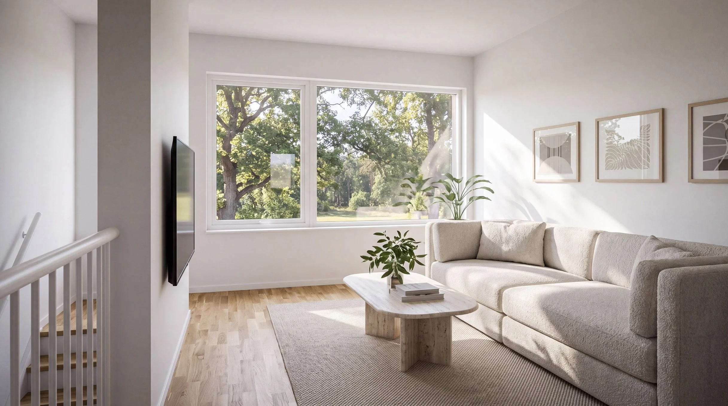 En ljus och modern vardagsrum med stor fönster som vetter ut mot gröna träd, beige soffa, trärutbord, konst på väggarna och ljus trägolv.