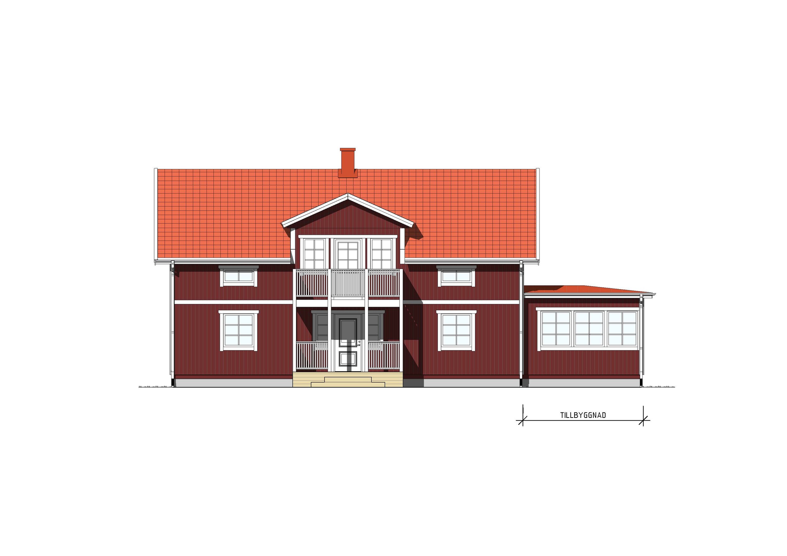 Ett rött hus med tak av röda takpannor, vita fönster och dörr, och en liten balkong med räcke på framsidan.
