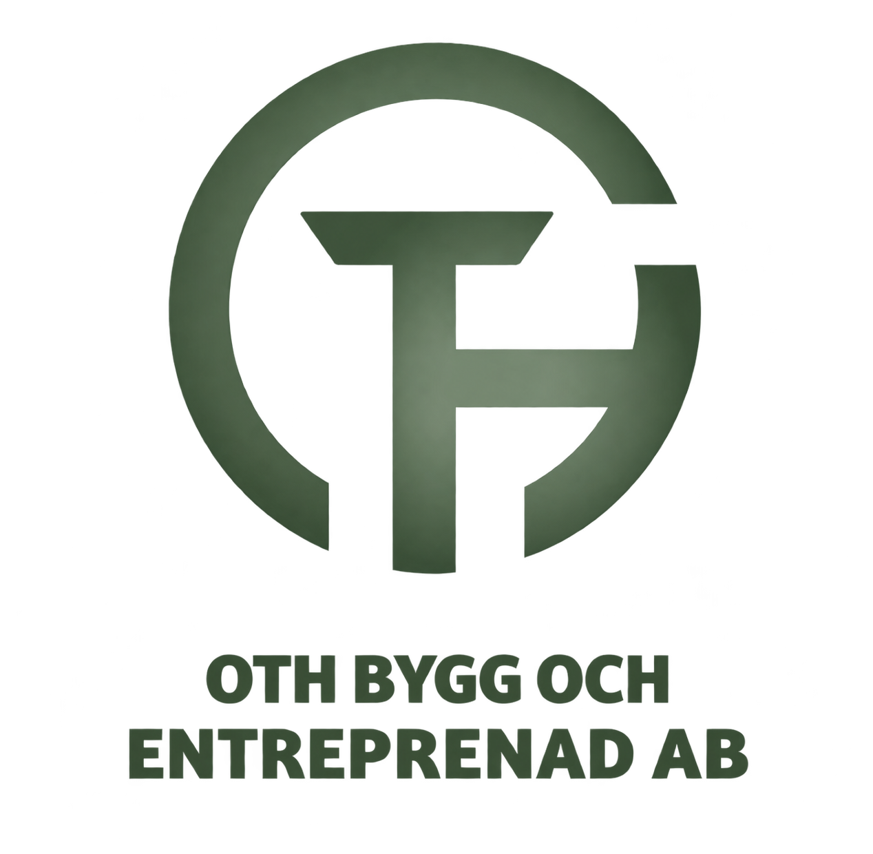En grön och svart logotyp för OTH Bygg och Entreprenad AB. Logo med en stiliserad cirkel och bokstaven "T" i mitten.