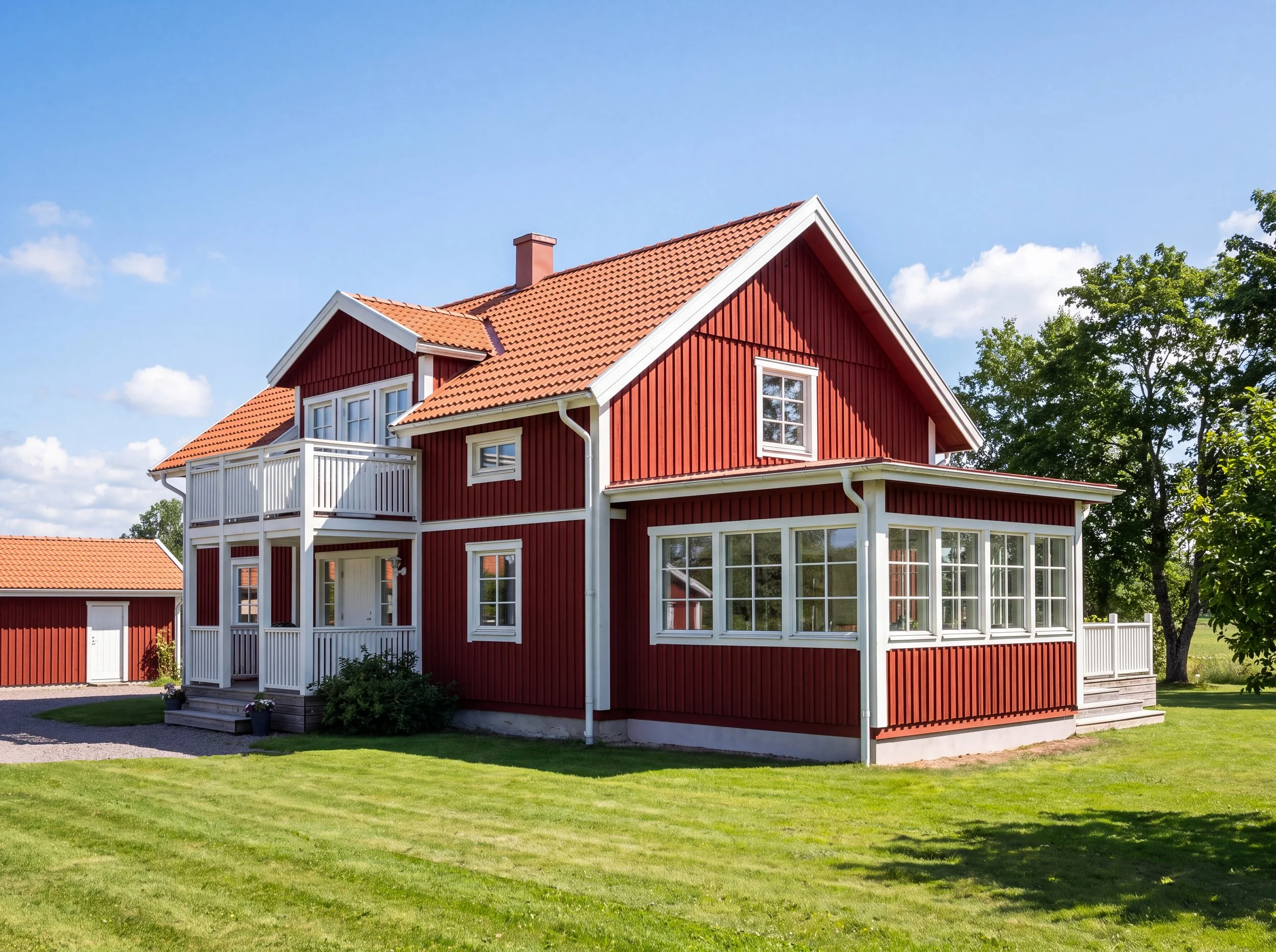 En röd trävilla med vit fönsterkarm och tak, omgiven av grönt gräsmatta och träd, under en blå himmel med några moln.