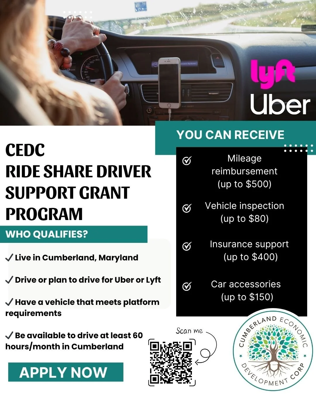🚗 Grant-Funded Opportunity for Cumberland Drivers! 📣
The Cumberland Economic Development Corporation (CEDC) has launched a new Ride Share Driver Support Program, made possible through a Community Development Block Grant (CDBG) from the U.S. Depart