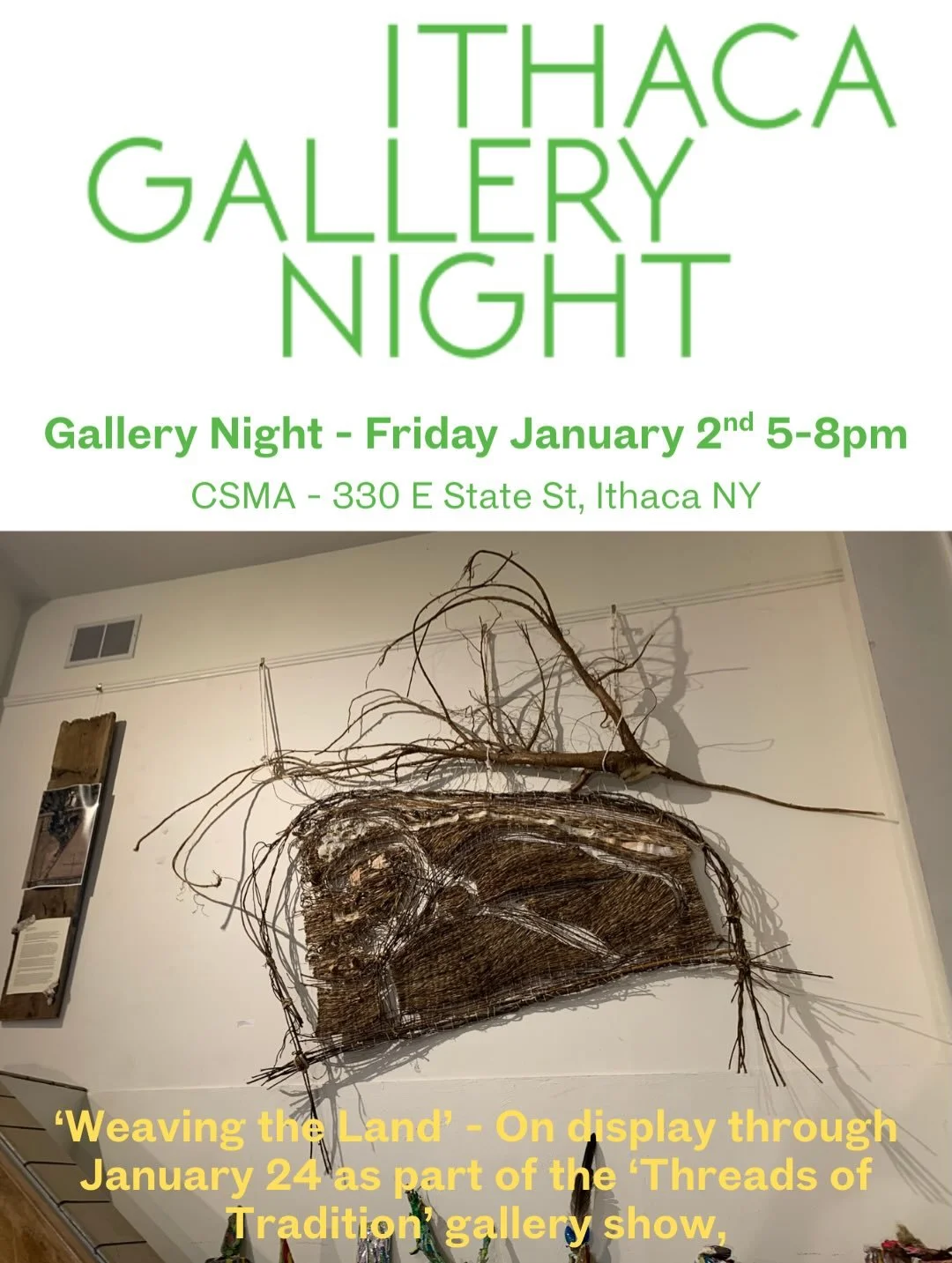 If you've been meaning to see ARQtist Zo&euml; Van Nostrand's (aka @sustainablespinster) wild woven map of @arqbarnmecklenburg lands in person, there are a few opportunities coming up this January! 

- Friday January 2nd from 5-8pm you can see the we