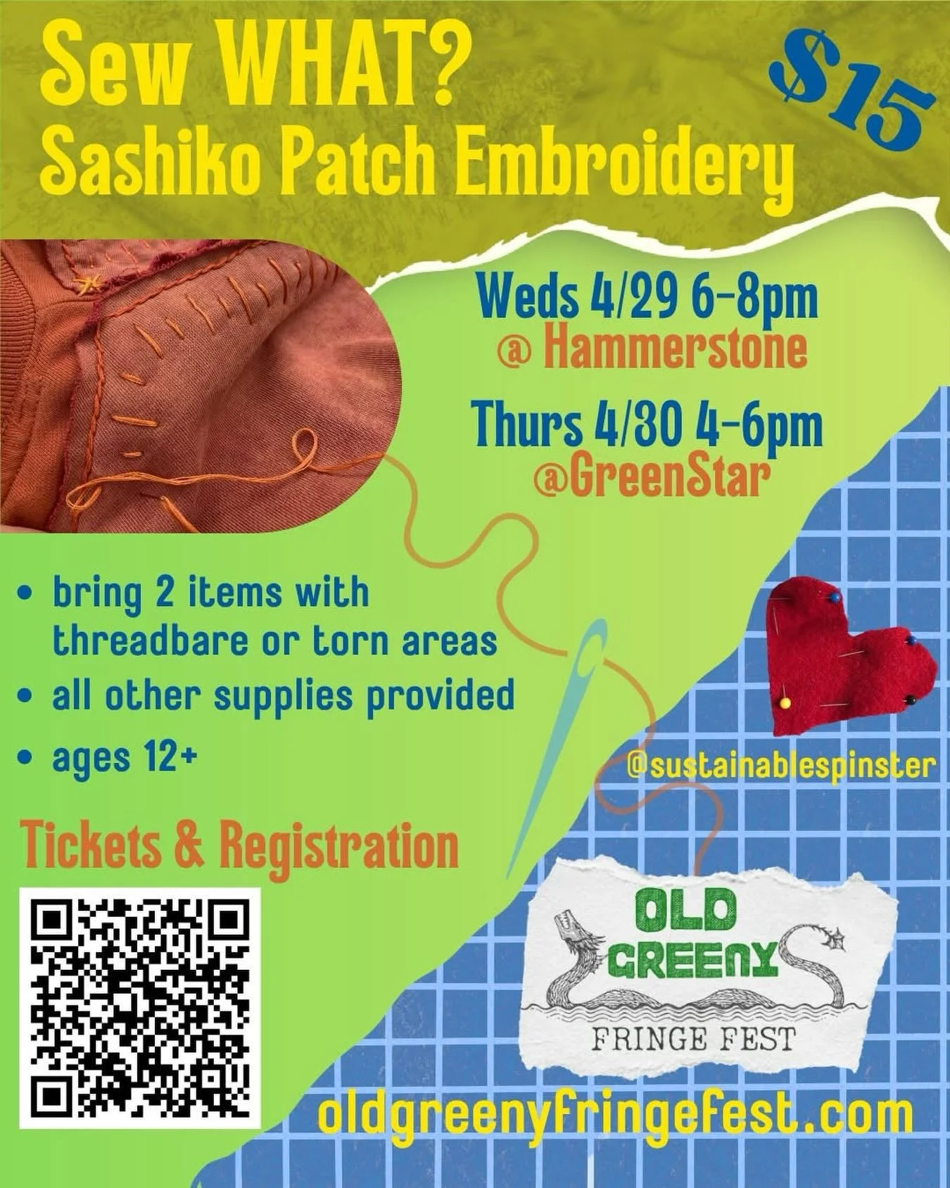 Mend Your Closet - SASHIKO PATCHES at Old Greeny Fringe Fest!

We all have that favorite item in our closet that has gotten a bit too "holey" to wear out of the house. Come learn about the visible mending movement, and how to add artistic a