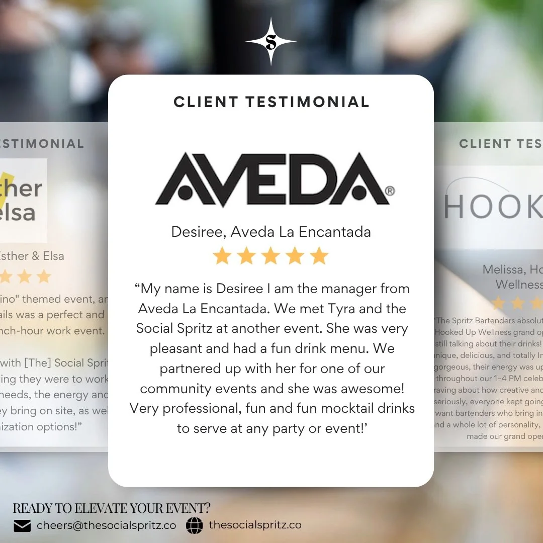 We love supporting amazing local businesses for community events with our mobile mocktail bar. ✨🍹

&ldquo;Very professional, fun, and such a great mocktail menu for any party or event.&rdquo;

Thank you, Desiree from Aveda La Encantada, for the kind