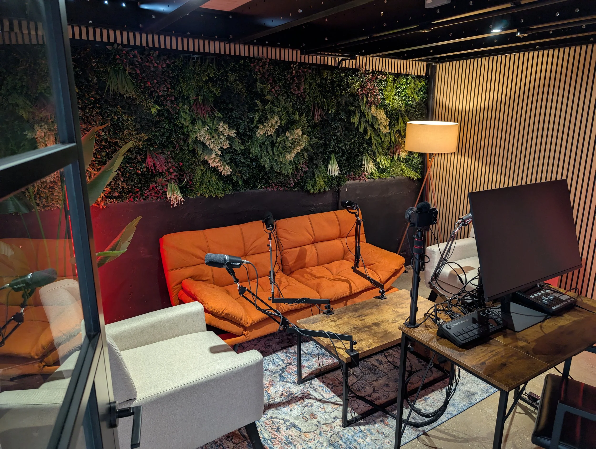 Short Form Studios podcast studio in Watford with professional lighting and recording setup