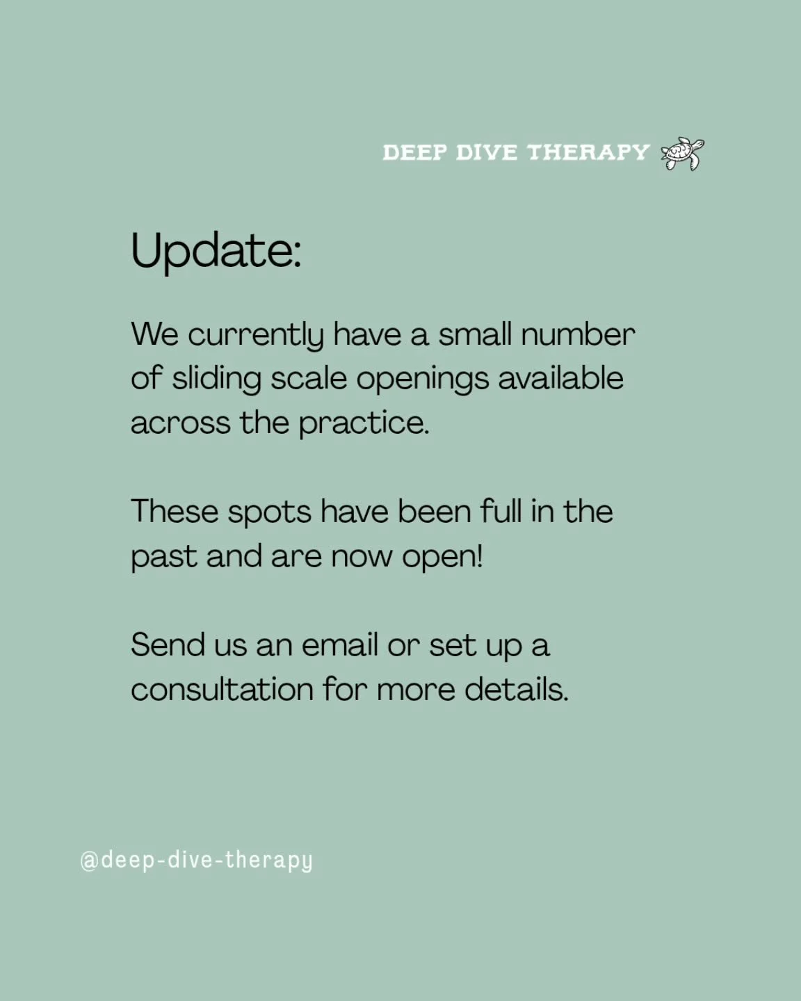Quick announcement: we&rsquo;ve opened a small number of sliding scale spots at the practice. These openings have historically been full but are available now on a limited basis. If you&rsquo;re interested, please reach out so we can determine fit an