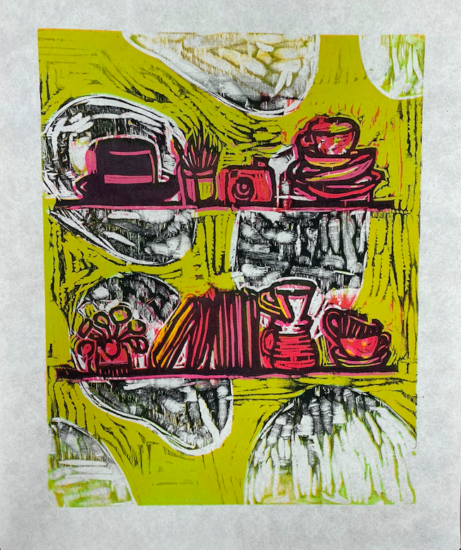 What are you Keeping on the Shelf, Edition 1, Fall 2023, Reductive Woodcut, 8.5 in. x 11 in.