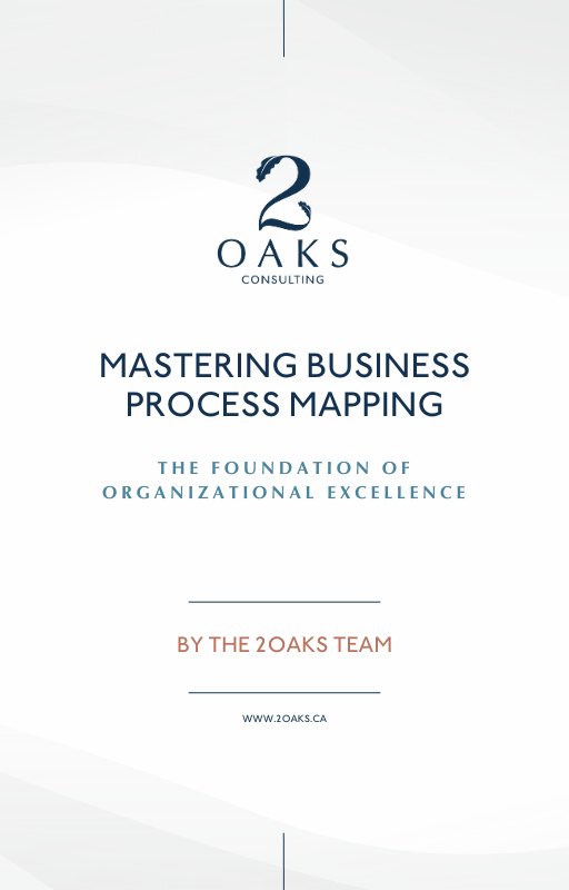 Cover page of a business report titled 'Mastering Business Process Mapping' by the 20 Oaks Team, with a logo featuring a stylized oak leaf and the text '20 OAKS Consulting', and the subtitle 'The Foundation of Organizational Excellence'.