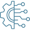Icon representing legacy systems: A half-gear connected to a circuit board network, symbolizing the bridge between old hardware and modern tech.