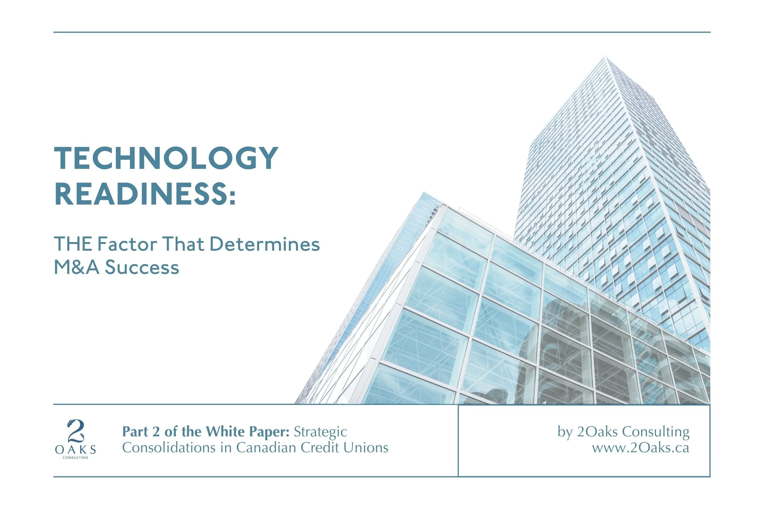 2Oaks Consulting graphic illustrating technology readiness as a competitive differentiator in credit union mergers, using the Navy (#14324f) and Terracotta (#b9735e) brand palette