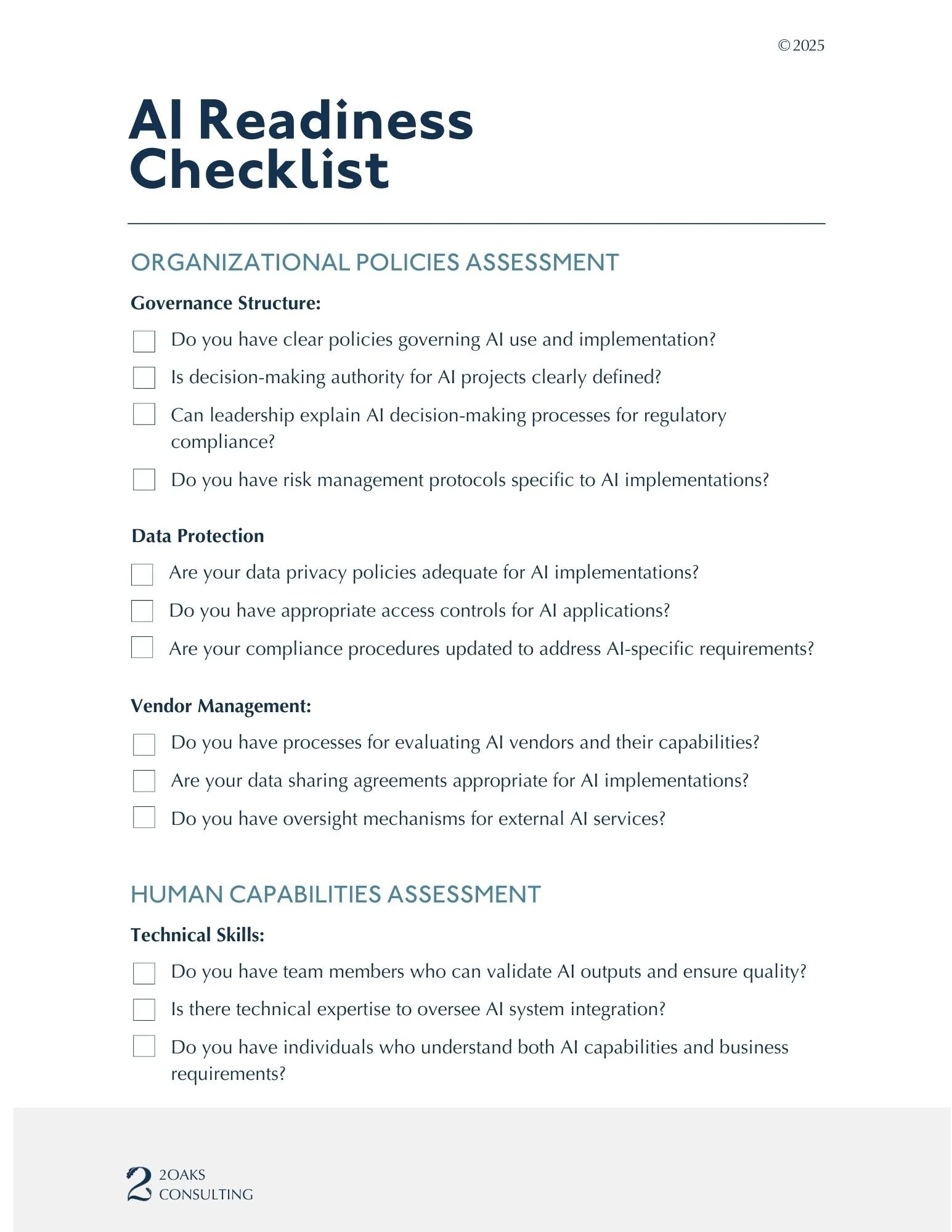 age 2 of the AI Readiness Checklist: Assessing Organizational Policies, AI Governance Frameworks, and Ethical Guidelines.