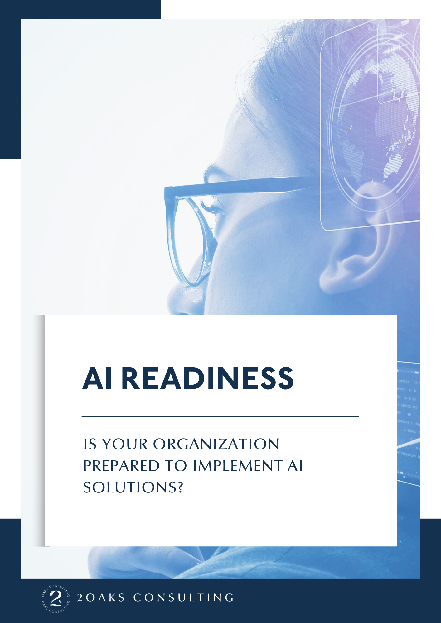 Book cover titled 'AI Readiness' with a side profile of a person wearing glasses and digital graphics of the Earth and data overlays