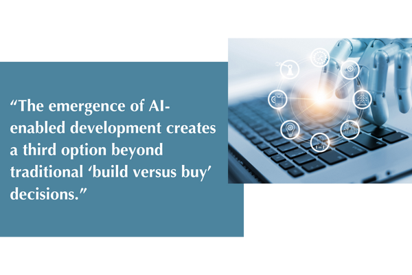 Visual break featuring a robotic hand interacting with a holographic interface and a quote that reads: "The emergence of AI-enabled development creates a third option beyond traditional ‘build versus buy’ decisions."