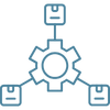 Icon representing production support: A central gear connected to three distributed nodes, symbolizing the complexity of managing incidents across systems.