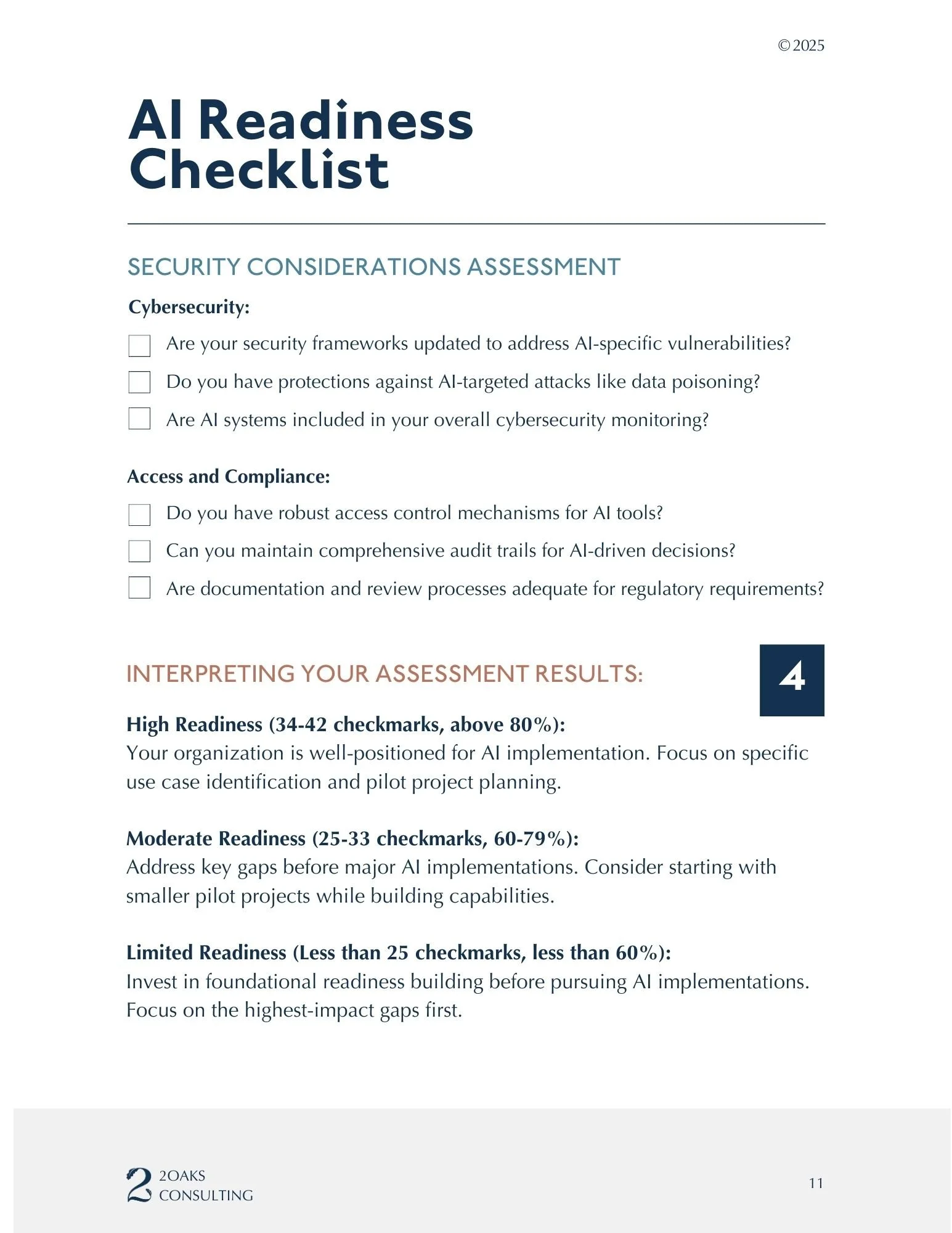 age 4 of the AI Readiness Checklist: Security Considerations, Compliance Audit steps, and the Final Readiness Scorecard.